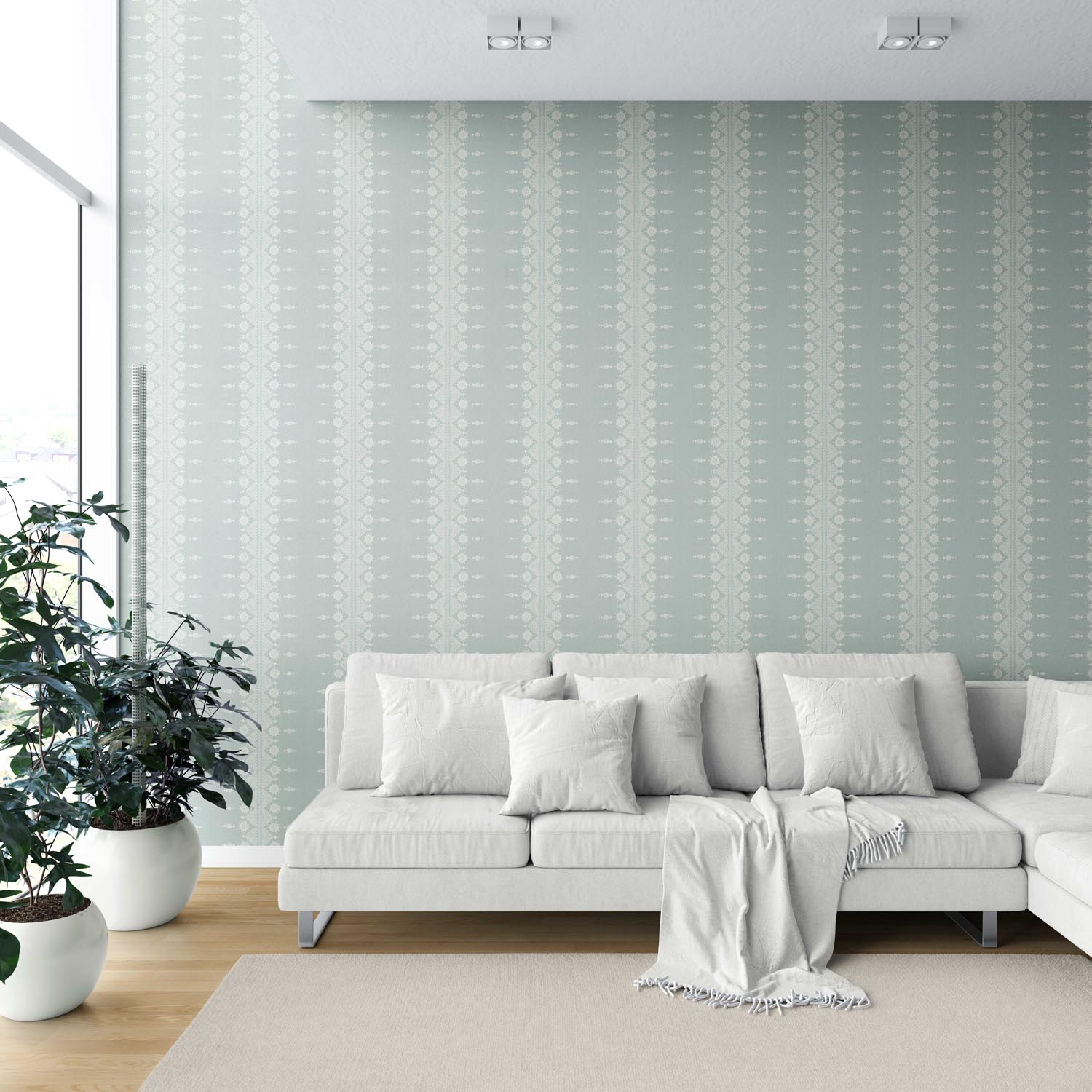 Floral Striped Shower Toilet Wallpaper (Duck Egg Blue/ Off-White)