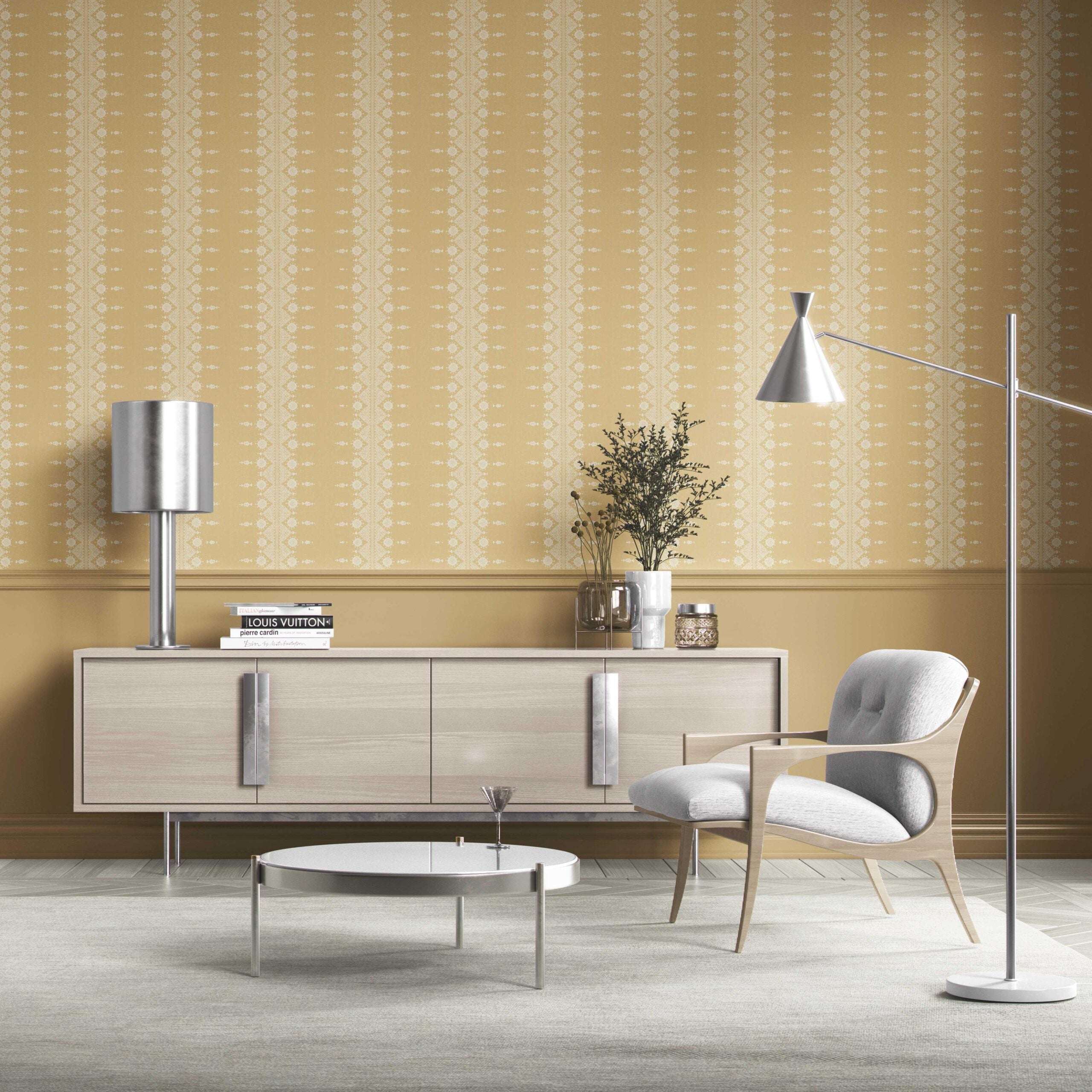 Floral Striped Kitchen Wallpaper (Yellow/ Off-White)