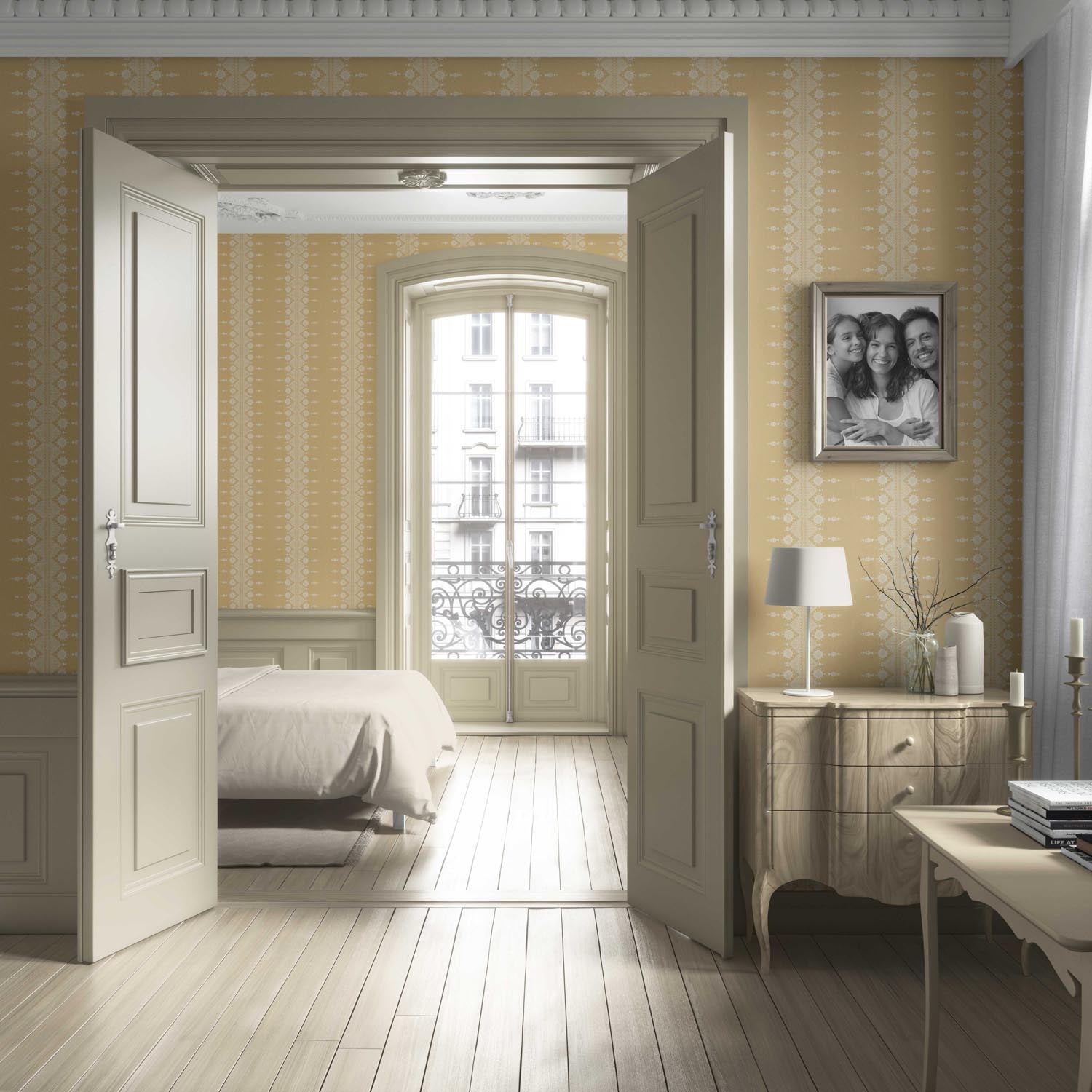 Floral Striped Living Room Wallpaper Sample (Yellow/ Off-White)