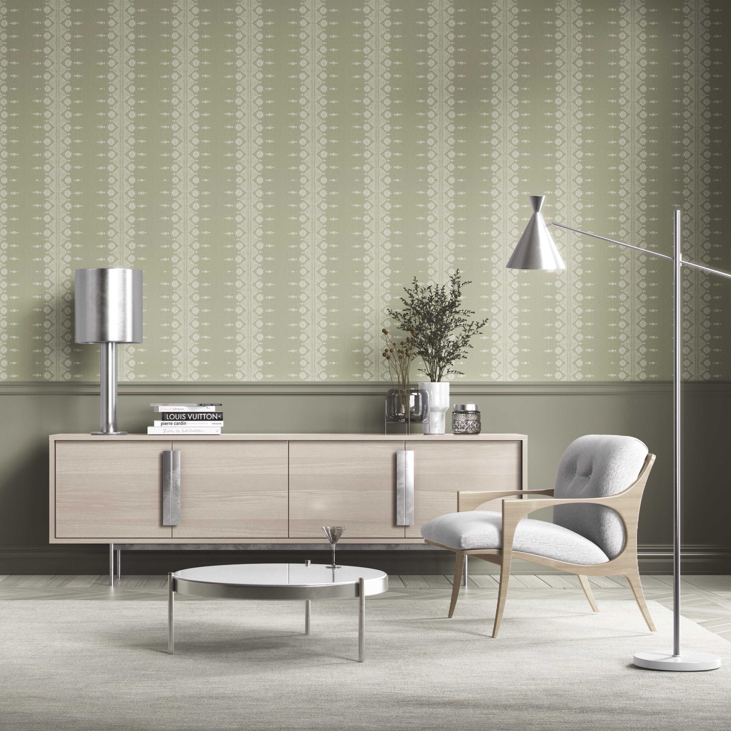 Floral Striped Kitchen Wallpaper (Green/ Off-White)