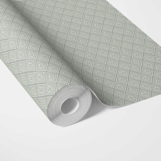 Small Diamond Lattice/ Textured Check Traditional Wallpaper Sample (Green-Gray/ White)