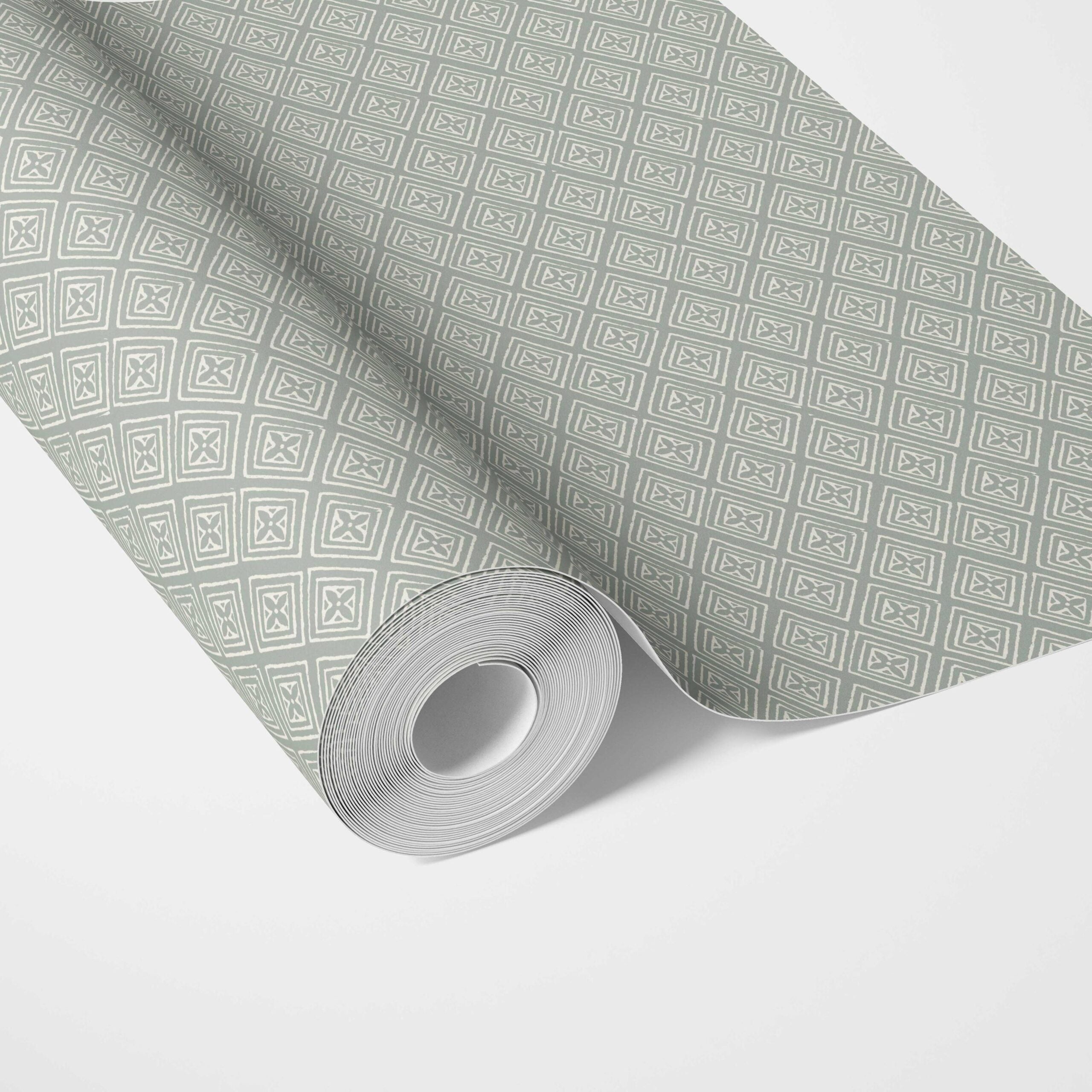 Small Diamond Lattice/ Textured Check Traditional Wallpaper Sample (Green-Gray/ White)
