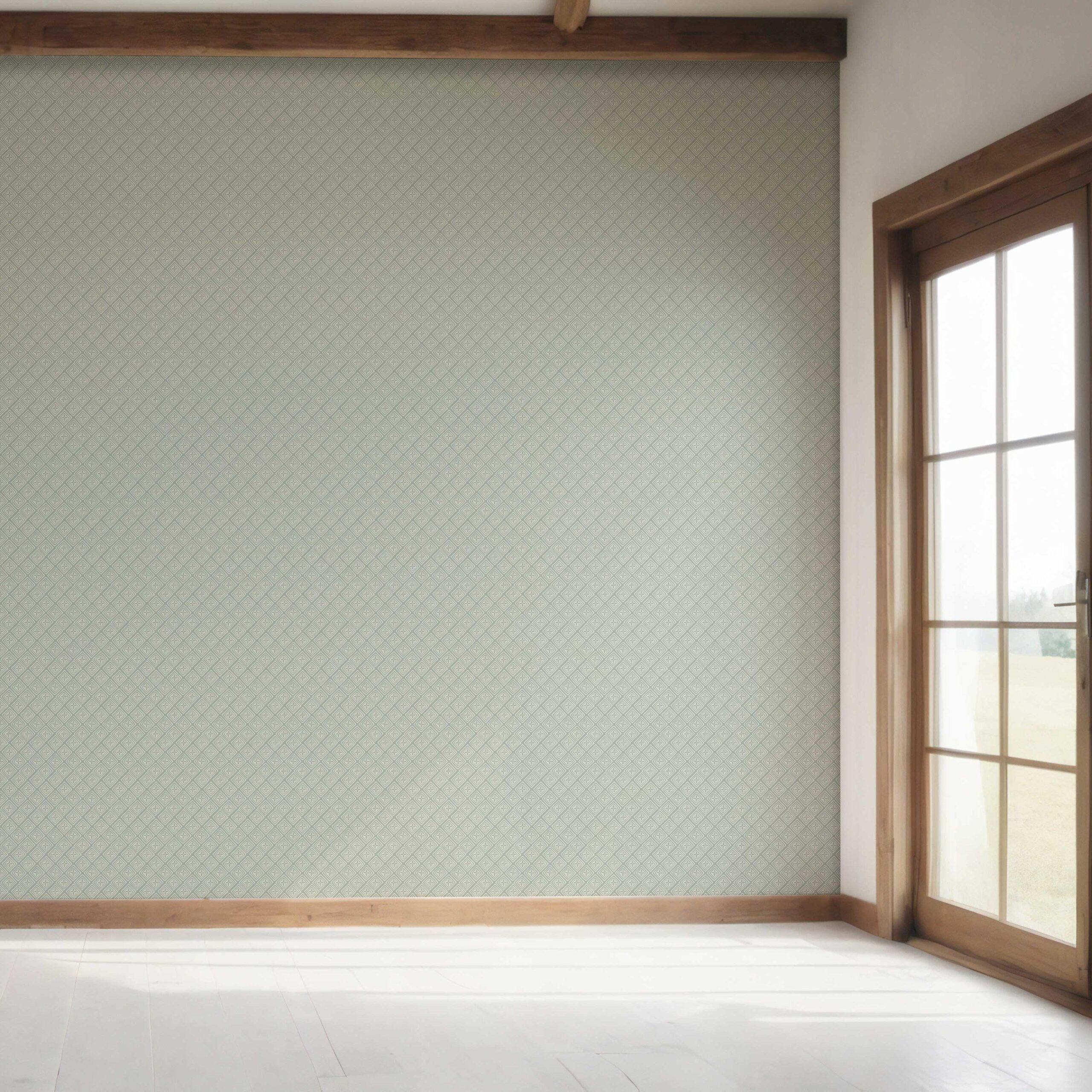 Small Diamond Lattice/ Textured Check Bedroom Wallpaper Sample (Green-Gray/ White)
