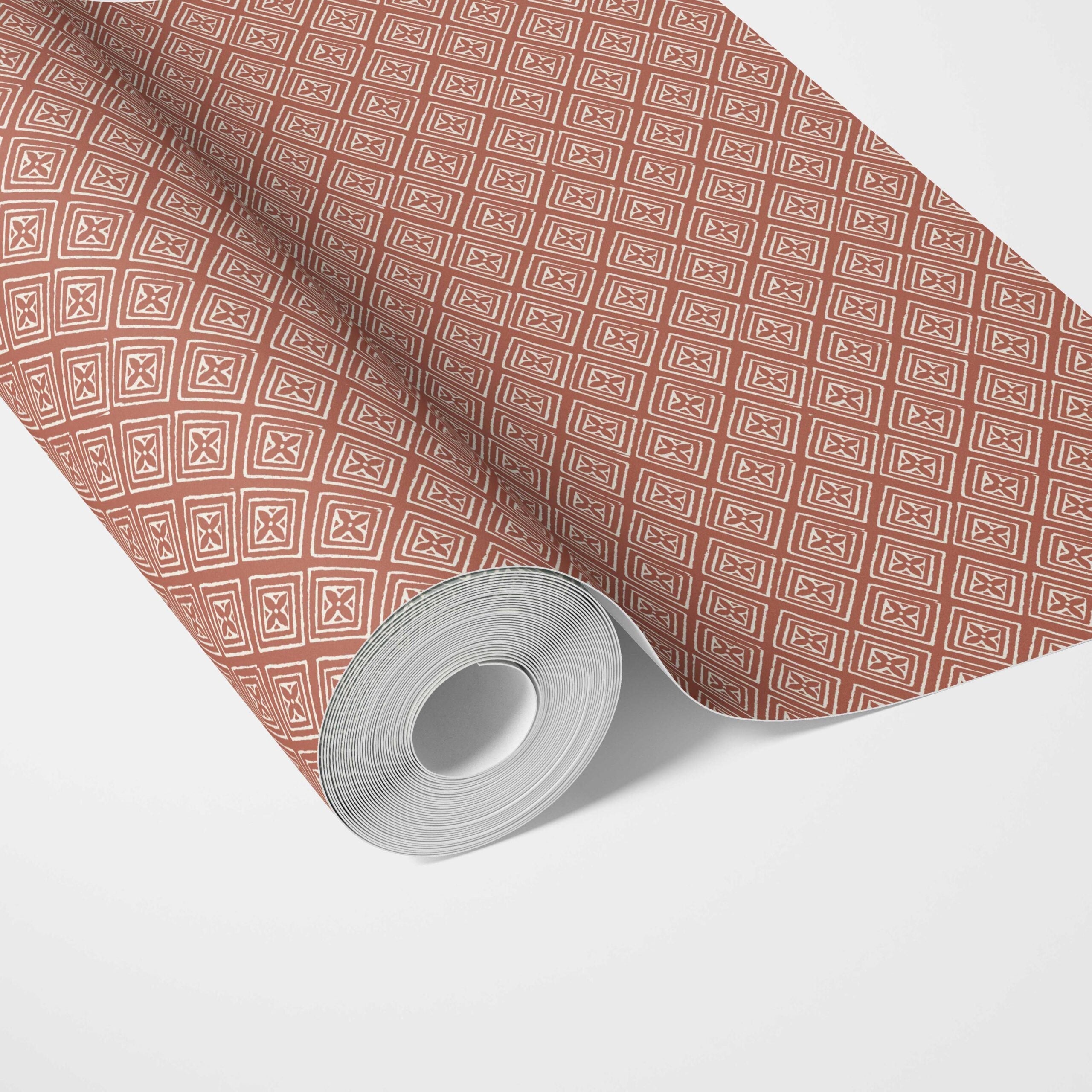 Small Diamond Lattice/ Textured Check Traditional Wallpaper Sample (Terracotta Red/ White)