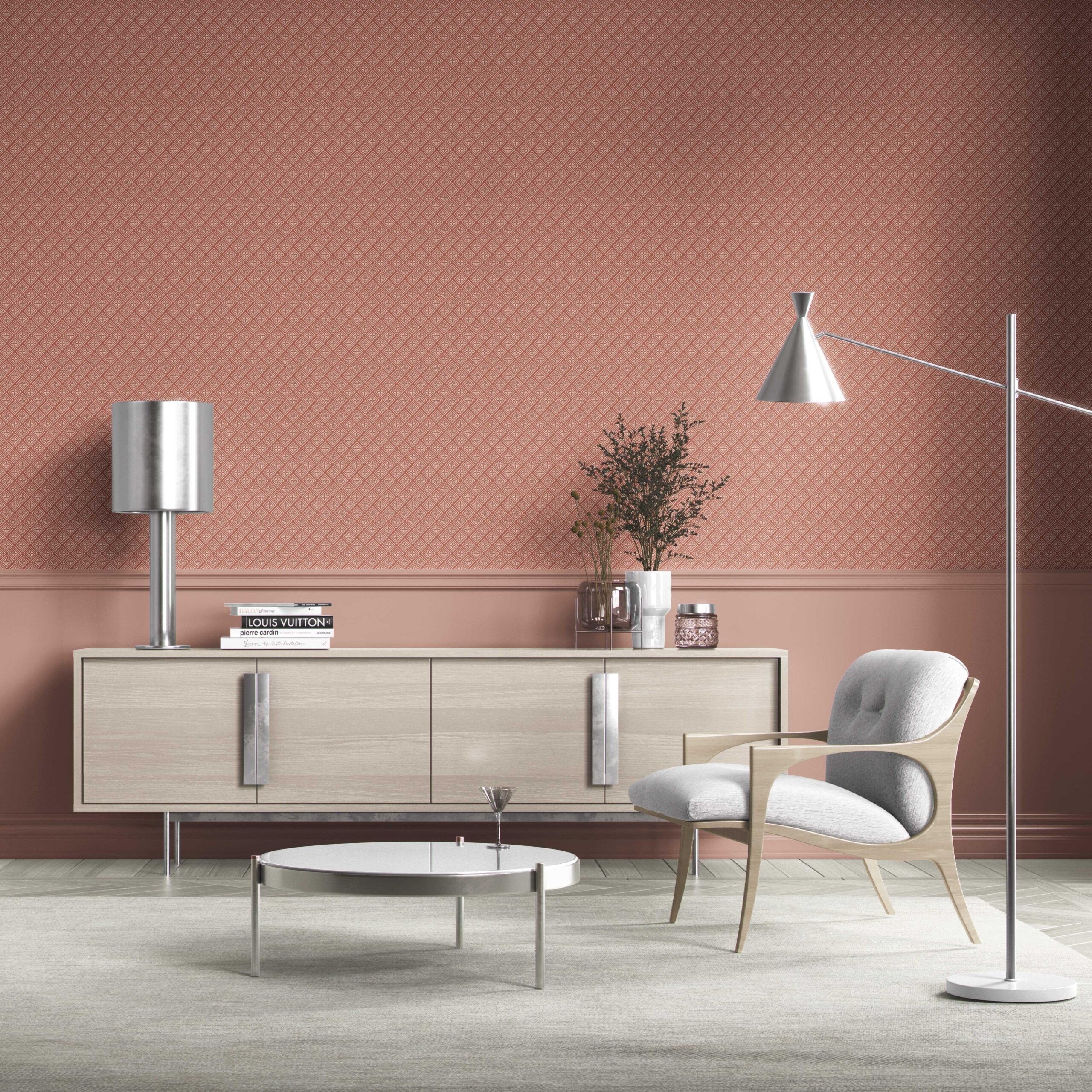 Small Diamond Lattice/ Textured Check Bathroom Wallpaper Sample (Terracotta Red/ White)