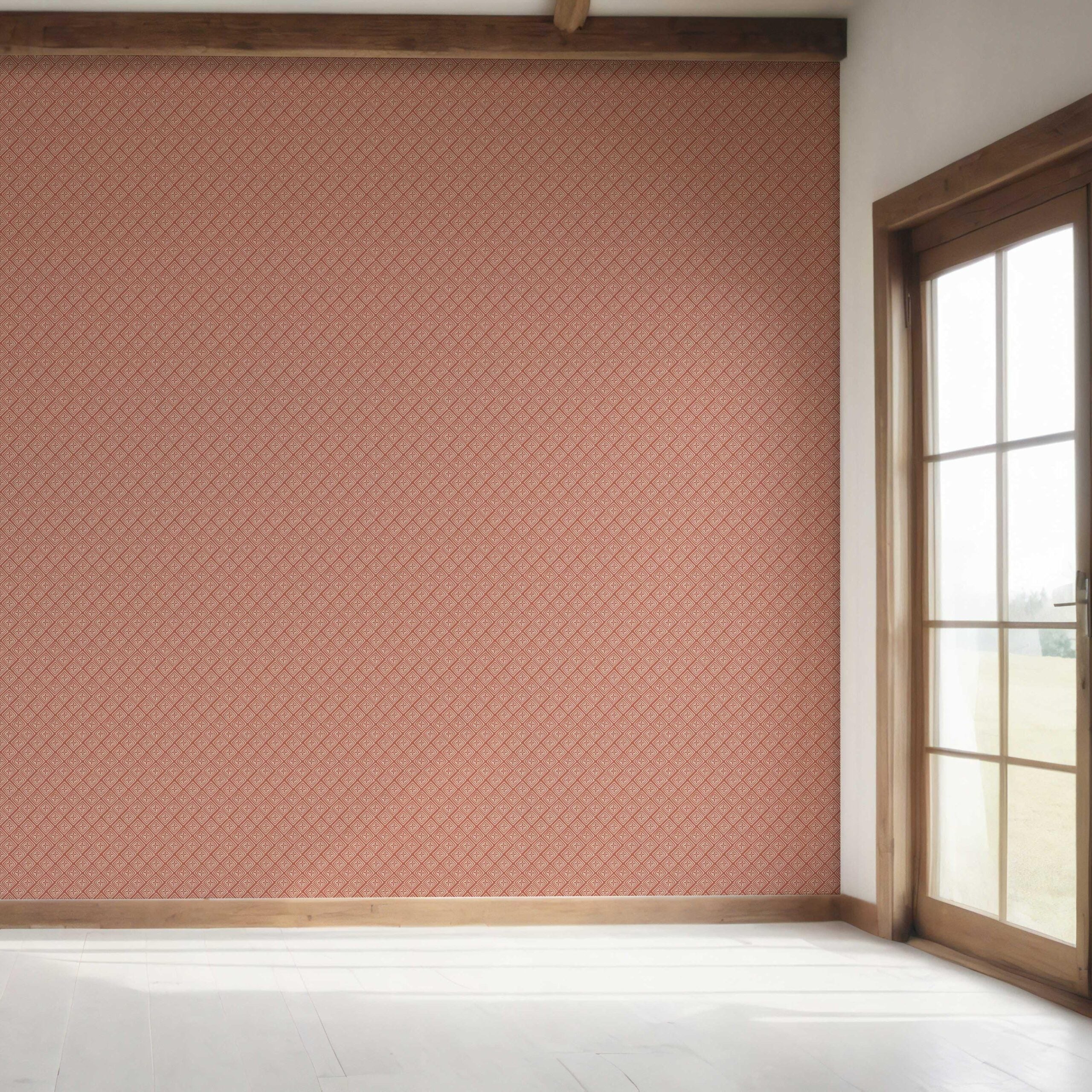 Small Diamond Lattice/ Textured Check Bedroom Wallpaper Sample (Terracotta Red/ White)