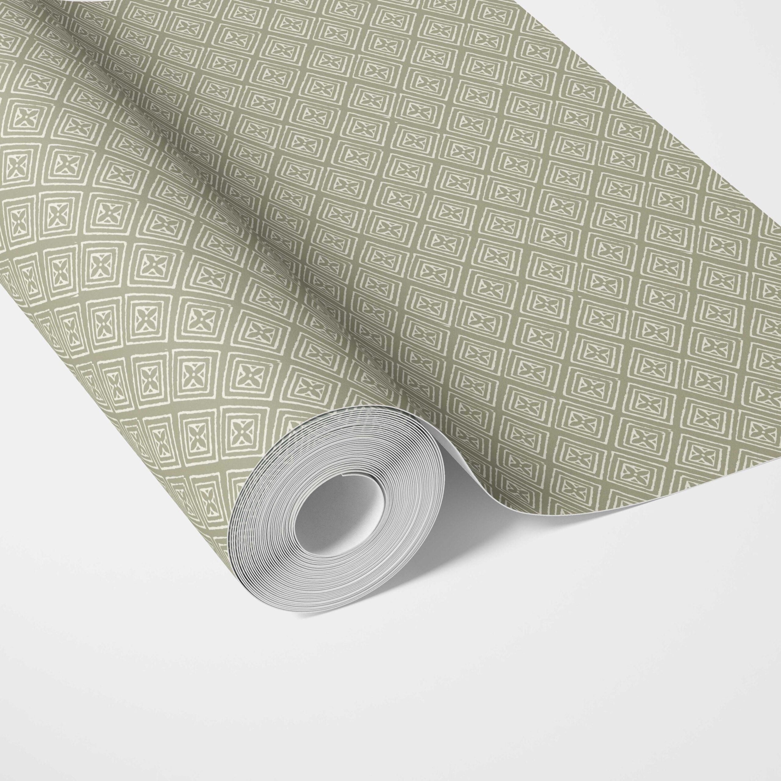 Small Diamond Lattice/ Textured Check Traditional Wallpaper (Olive Green/ White)