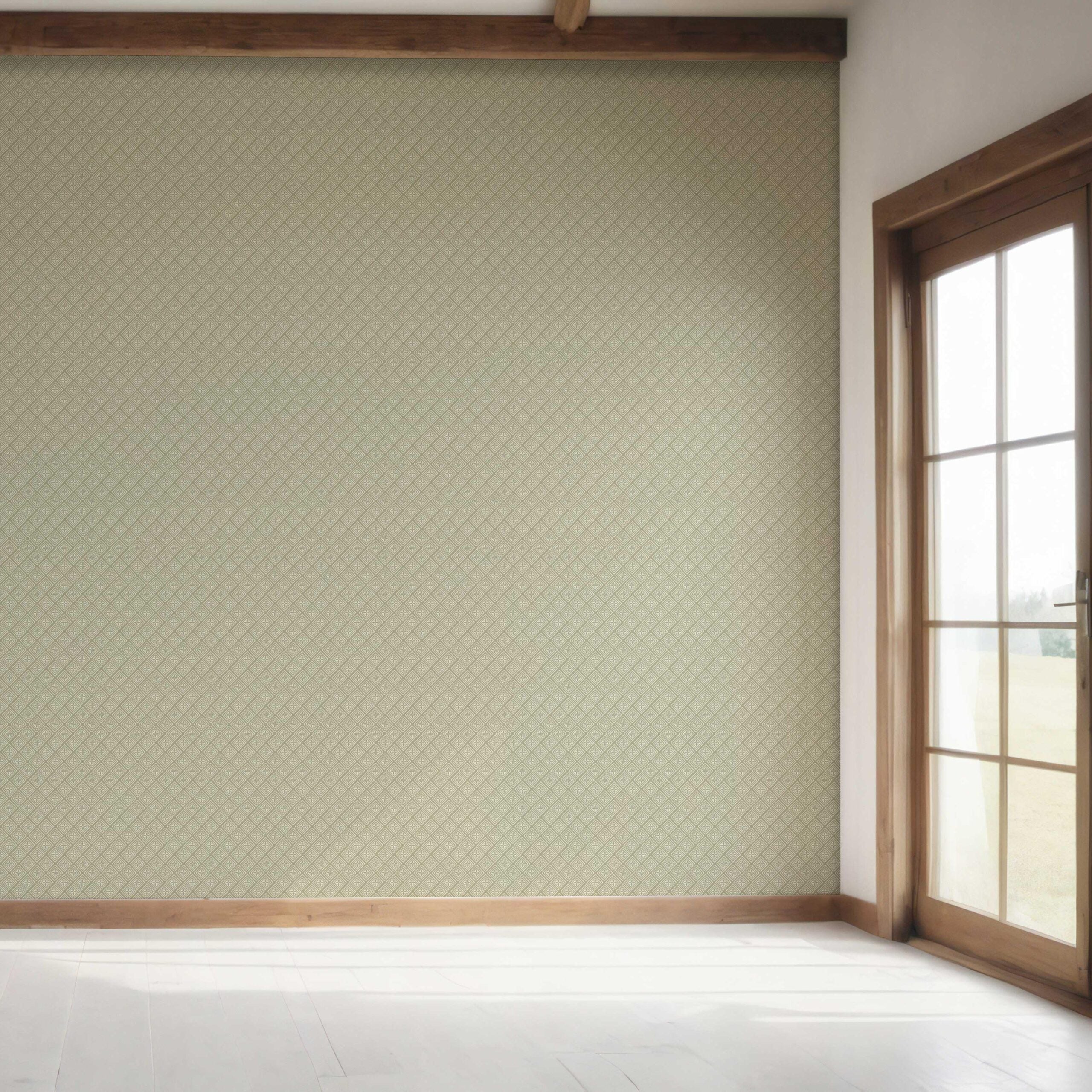 Small Diamond Lattice/ Textured Check Bedroom Wallpaper Sample (Olive Green/ White)