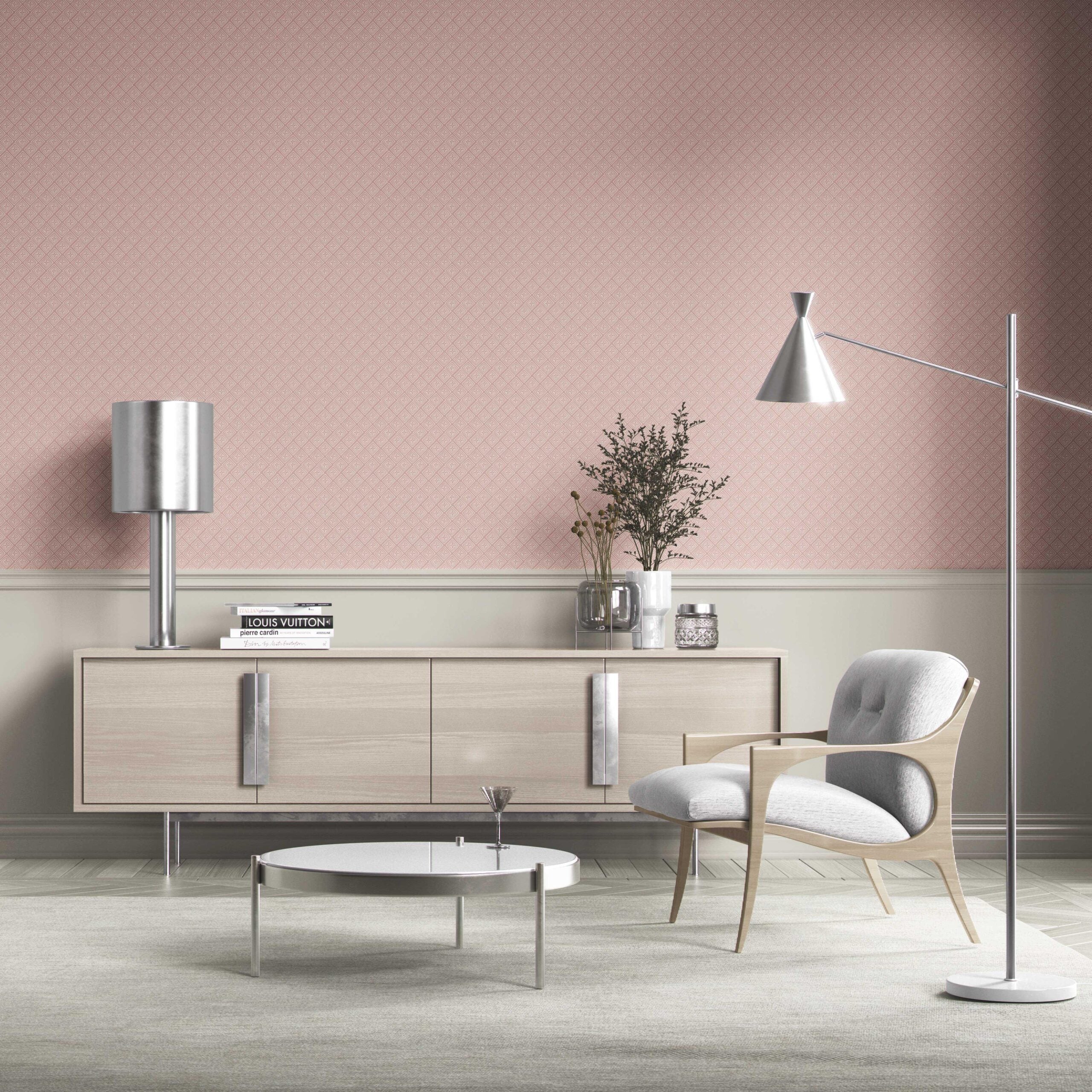 Small Diamond Lattice/ Textured Check Bathroom Wallpaper Sample (Pink/ White)