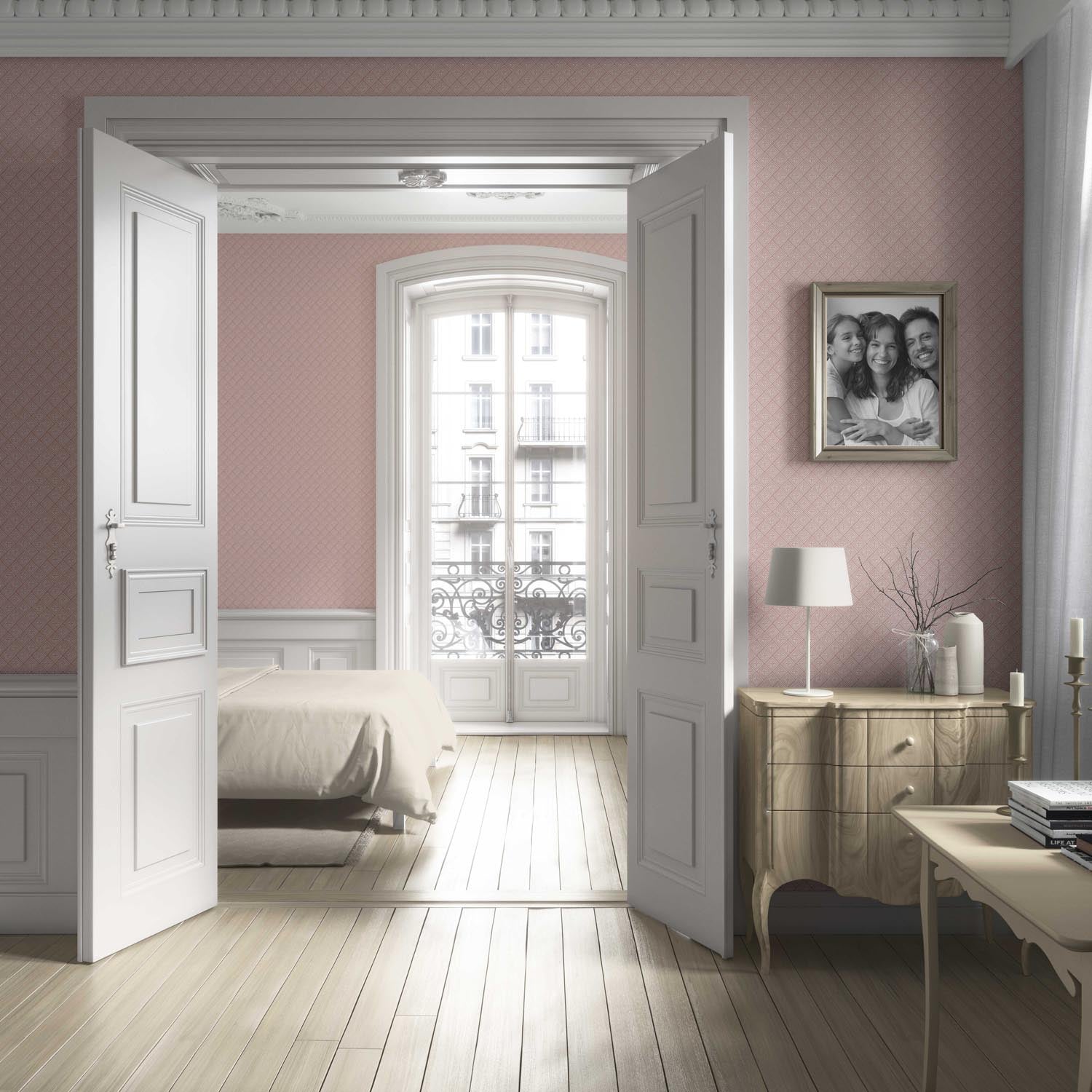 Small Diamond Lattice/ Textured Check Living Room Wallpaper (Pink/ White)