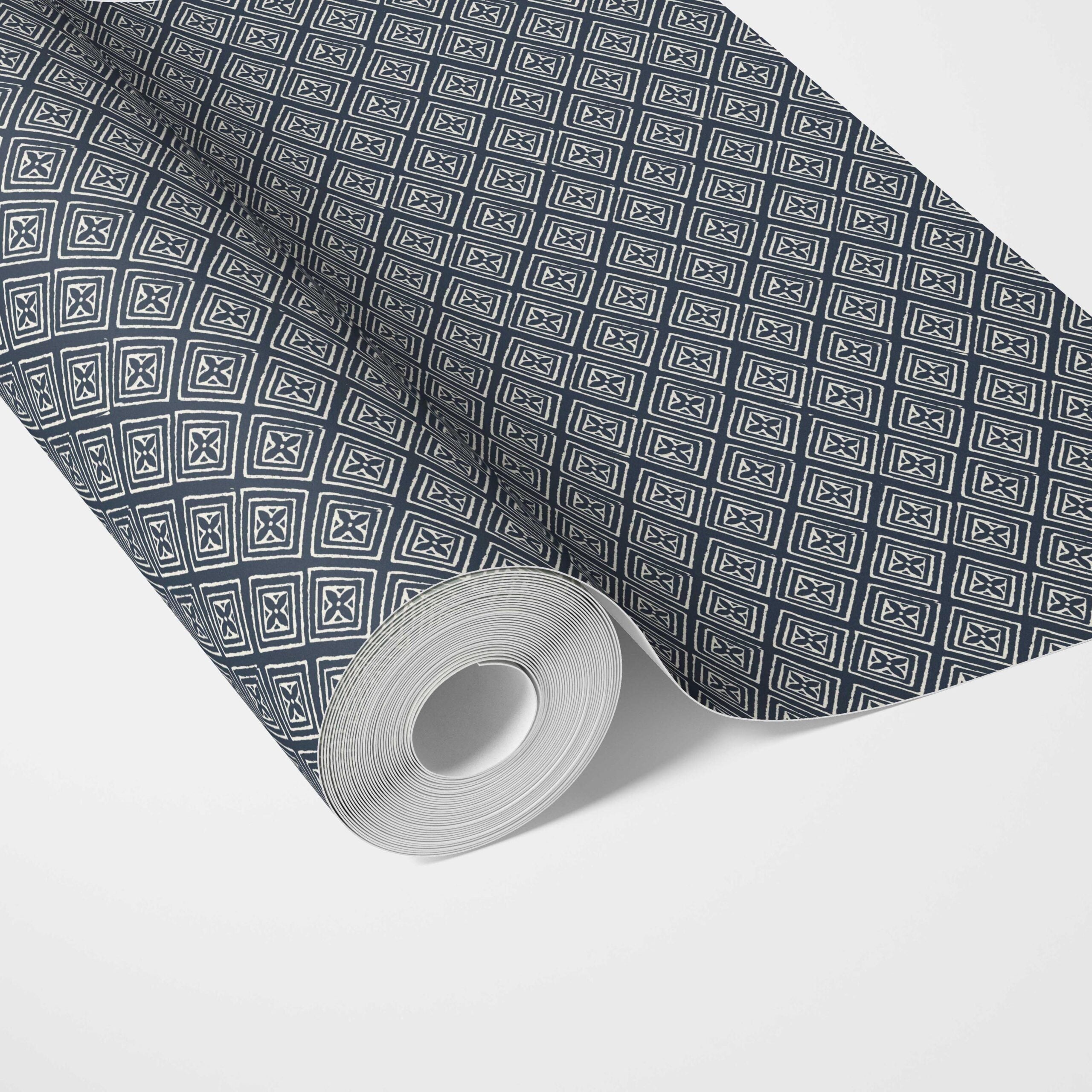 Small Diamond Lattice/ Textured Check Traditional Wallpaper Sample (Midnight Blue/ White)