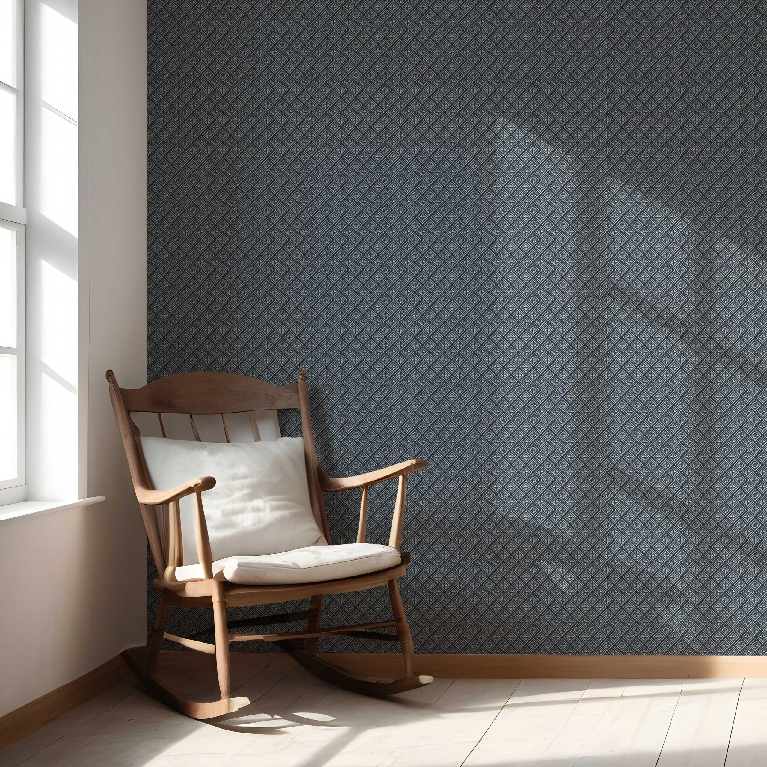 Small Diamond Lattice/ Textured Check Nursery Wallpaper Sample (Midnight Blue/ White)