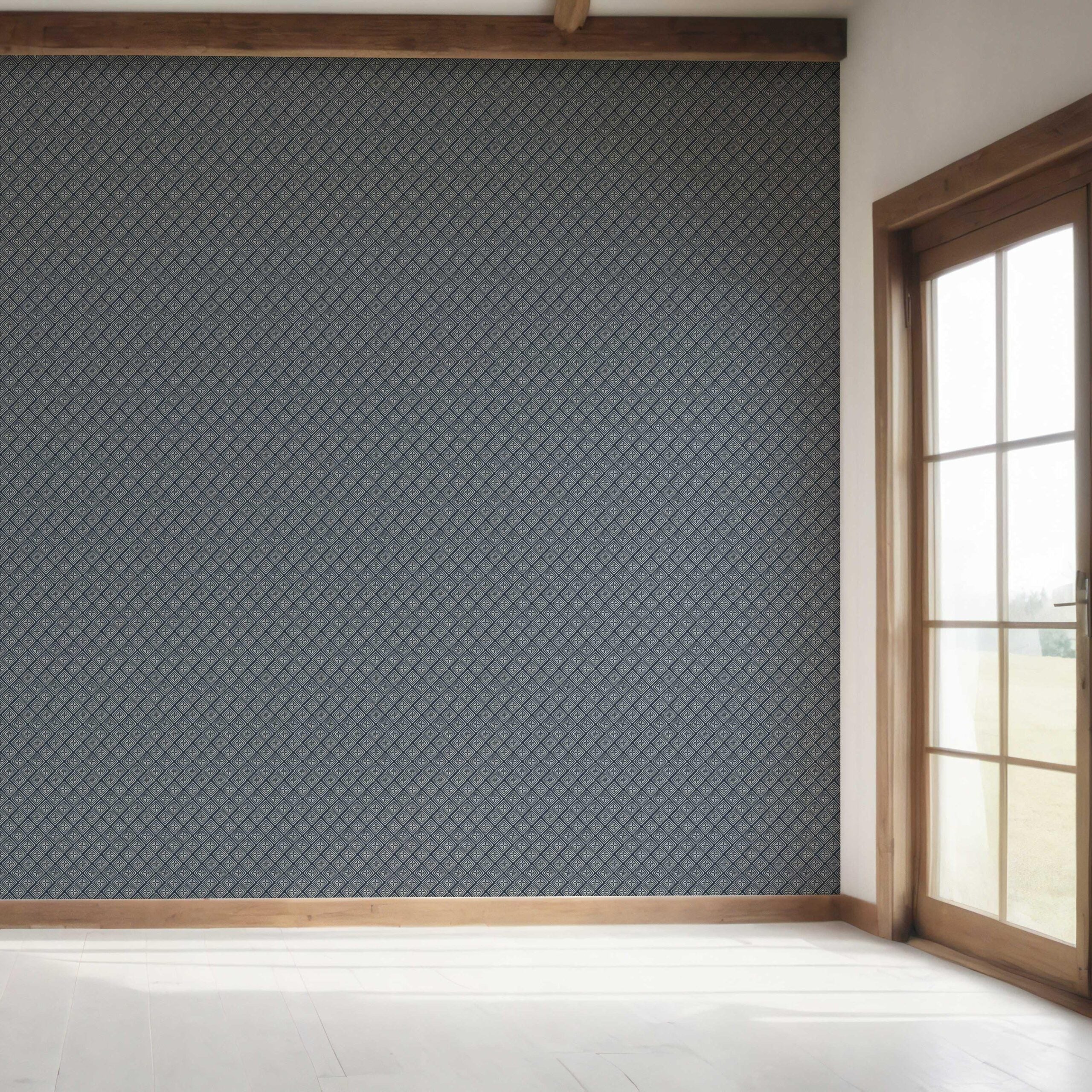Small Diamond Lattice/ Textured Check Bedroom Wallpaper Sample (Midnight Blue/ White)