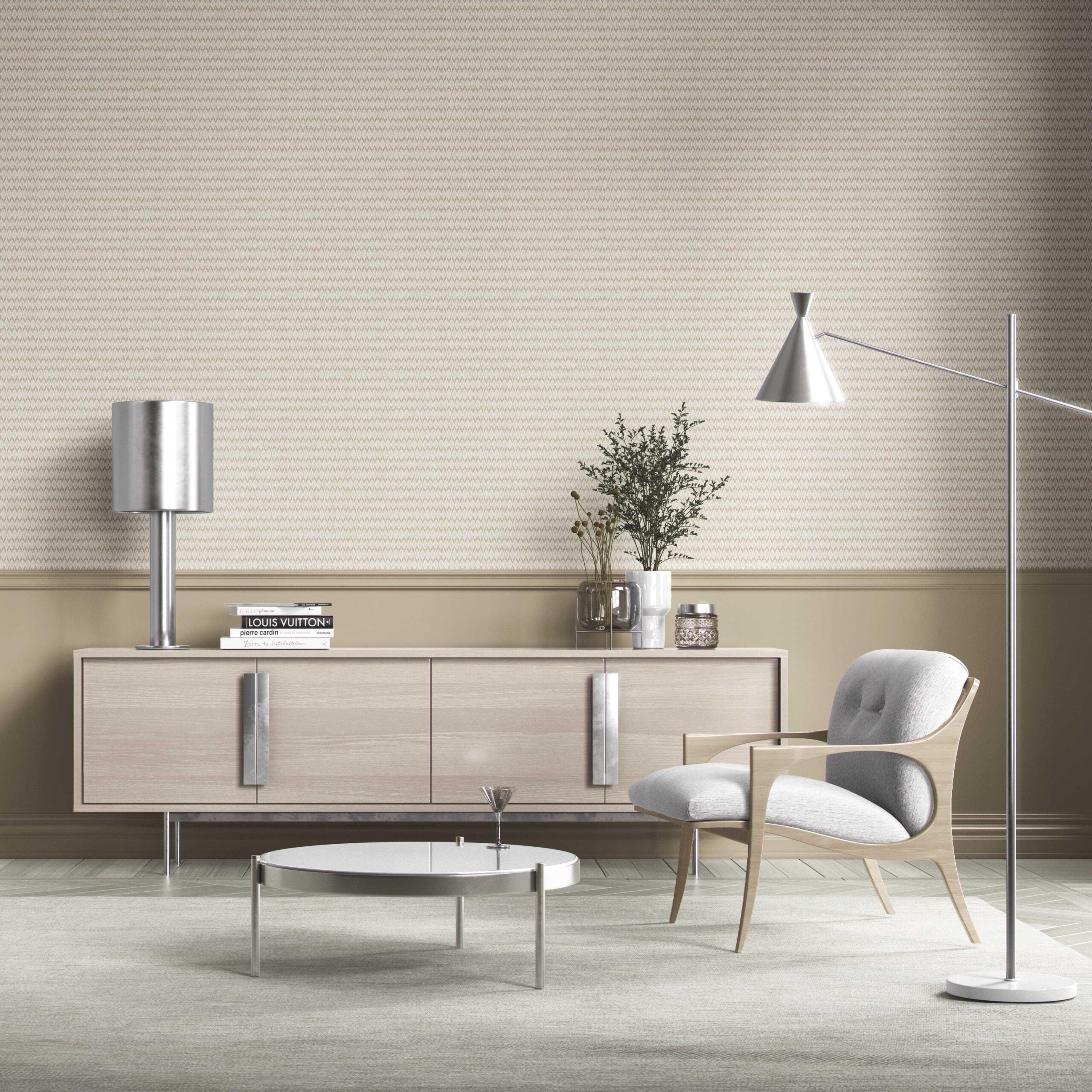 Neutral Ikat Striped Bathroom Wallpaper Sample (Beige/ Tan/ White)