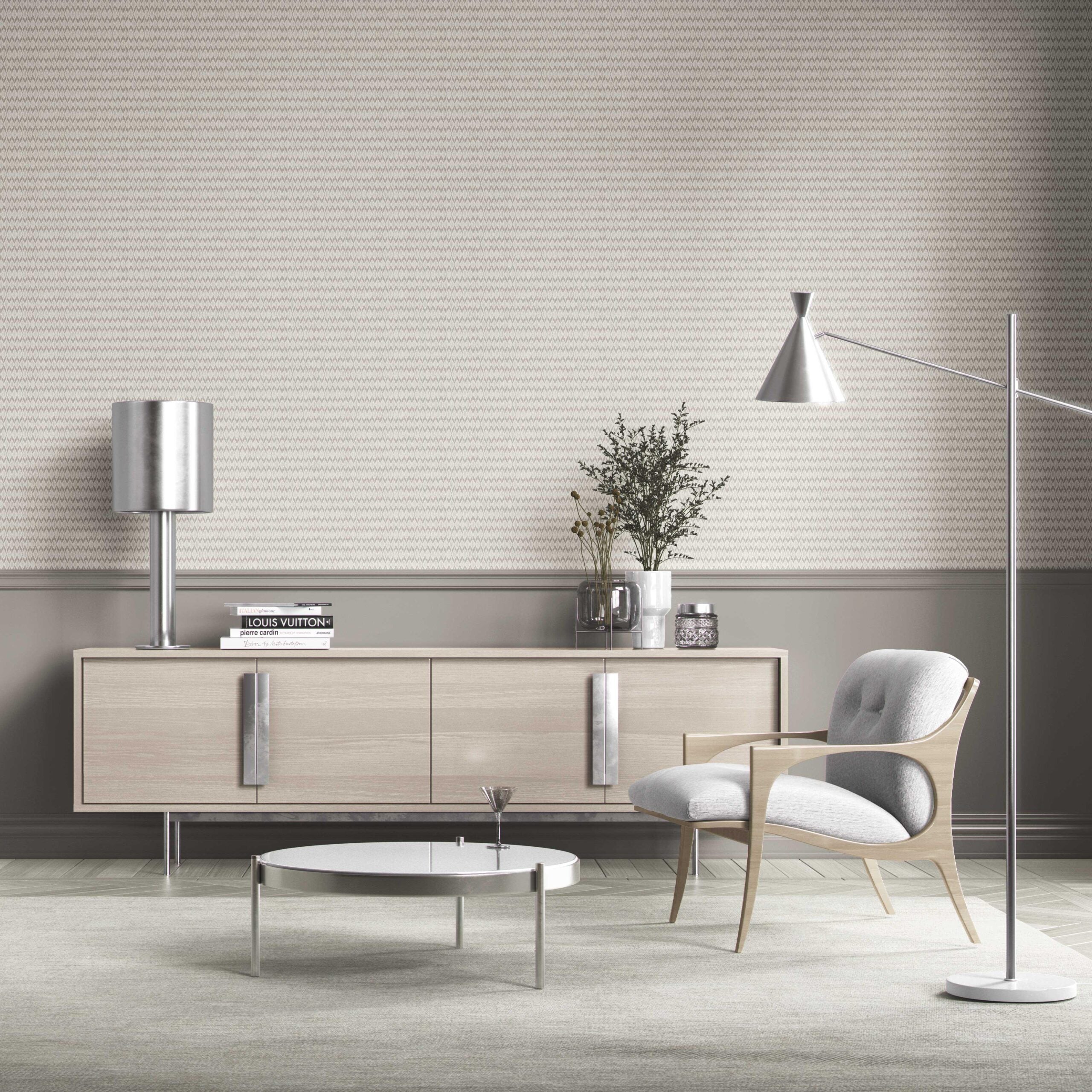 Neutral Ikat Striped Bathroom Wallpaper (Gray/ Greige/ White)