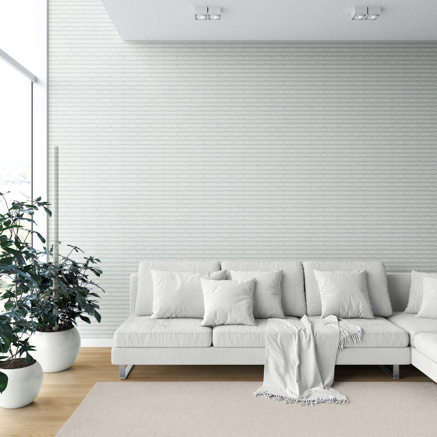 Neutral Ikat Striped Shower Toilet Wallpaper Sample (Light Gray- Blue/ White)