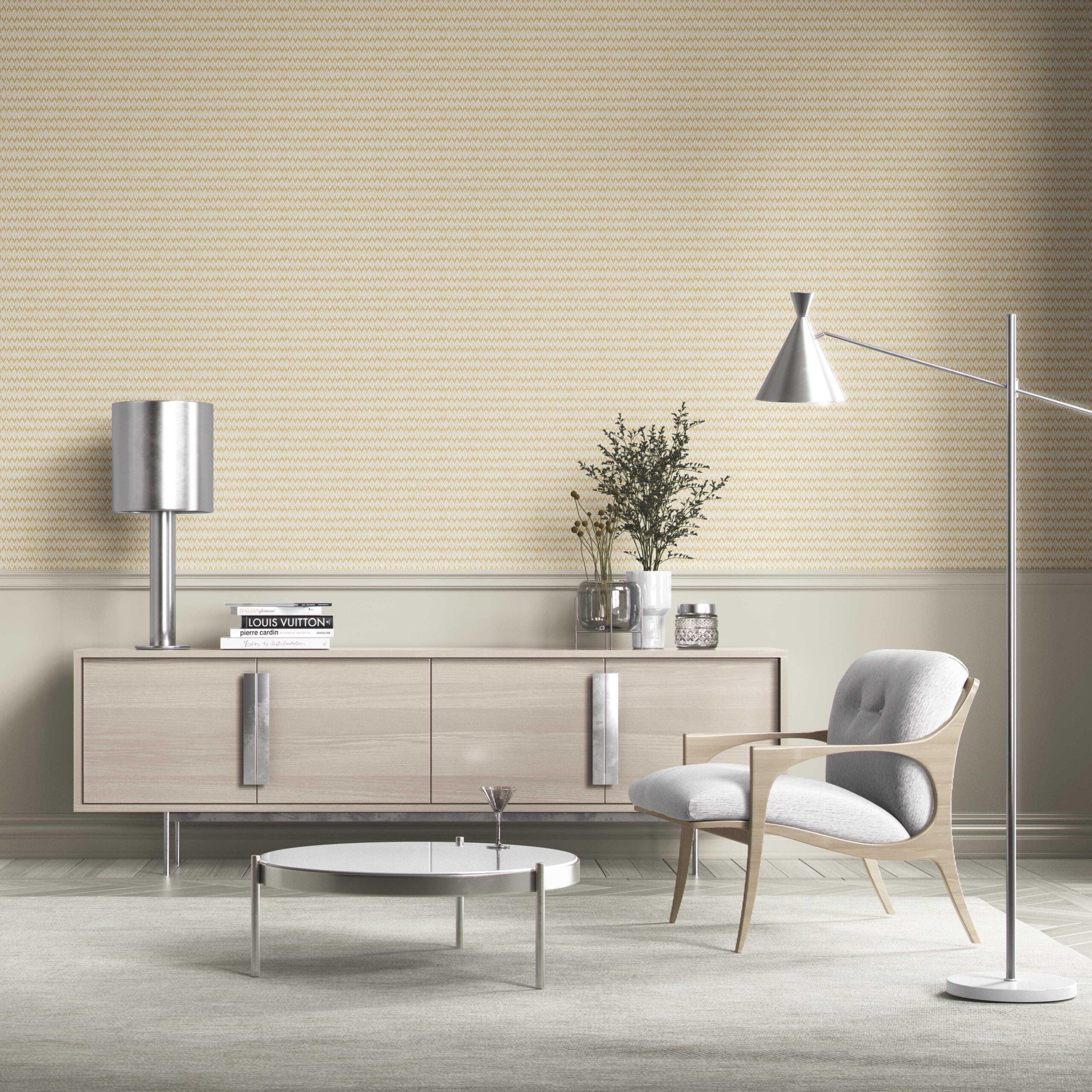 Geometric Ikat Striped Bathroom Wallpaper Sample (Yellow/ White)