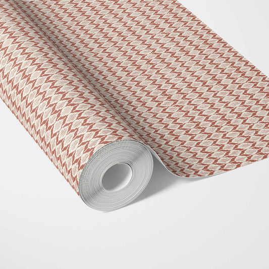 Geometric Ikat Striped Traditional Wallpaper (Brick Red/ White)