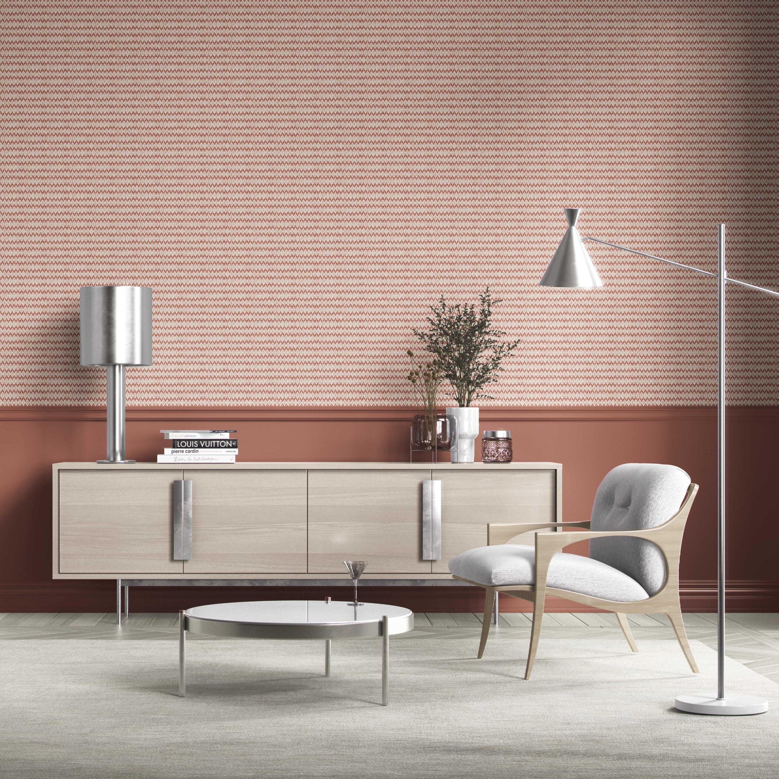 Geometric Ikat Striped Bathroom Wallpaper Sample (Brick Red/ White)