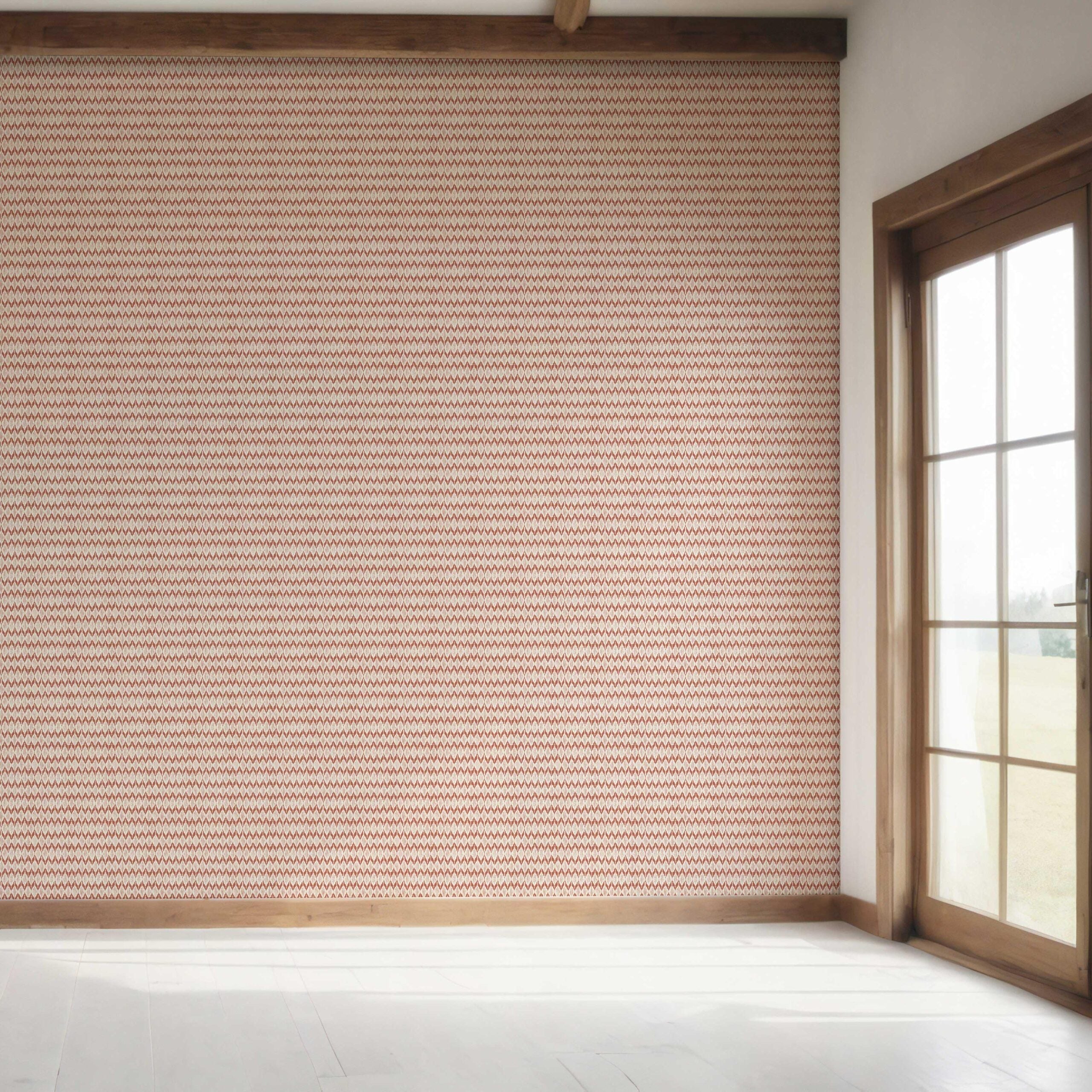 Geometric Ikat Striped Bedroom Wallpaper Sample (Brick Red/ White)