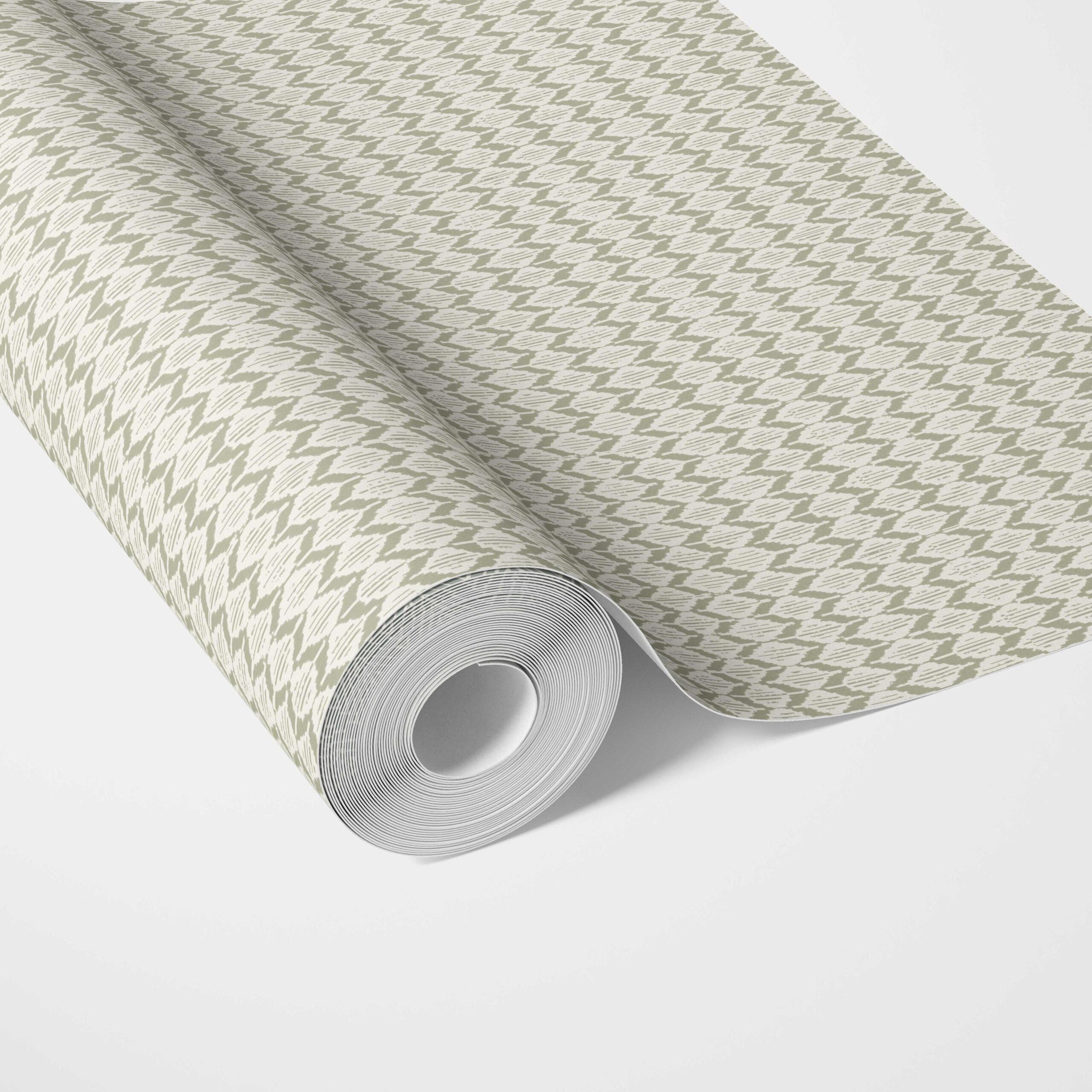 Geometric Ikat Striped Traditional Wallpaper Sample (Olive Green/ White)