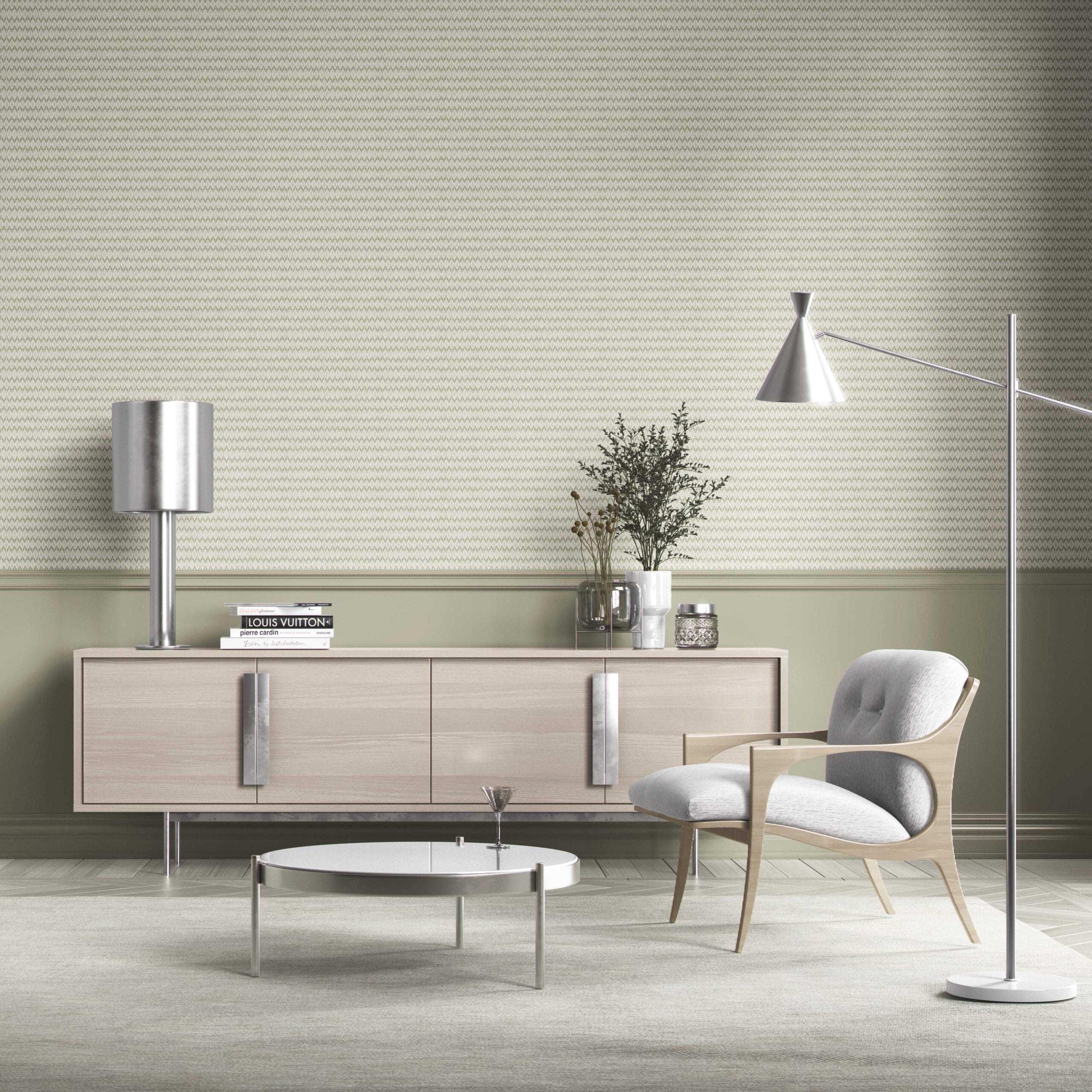 Geometric Ikat Striped Bathroom Wallpaper (Olive Green/ White)