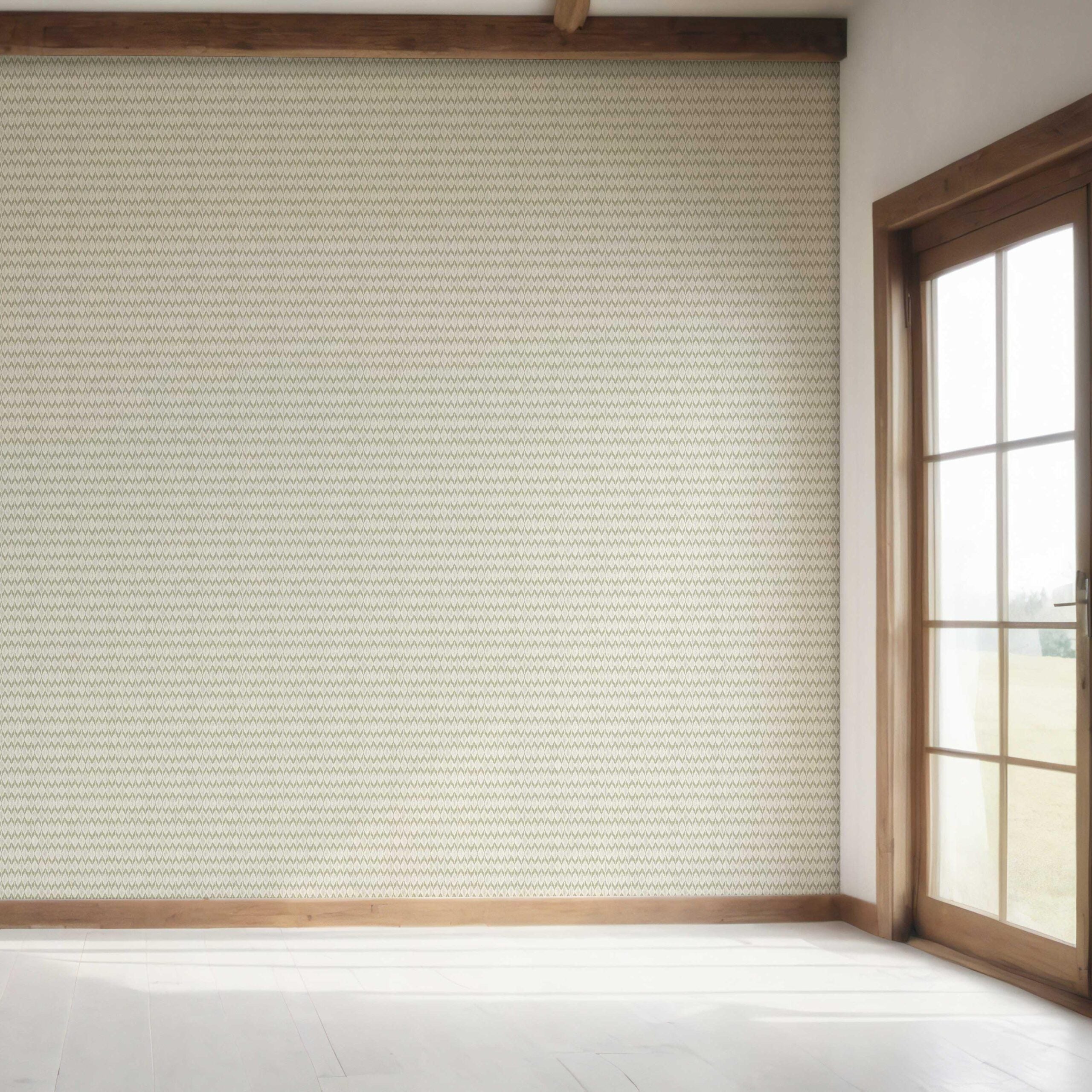 Geometric Ikat Striped Bedroom Wallpaper Sample (Olive Green/ White)