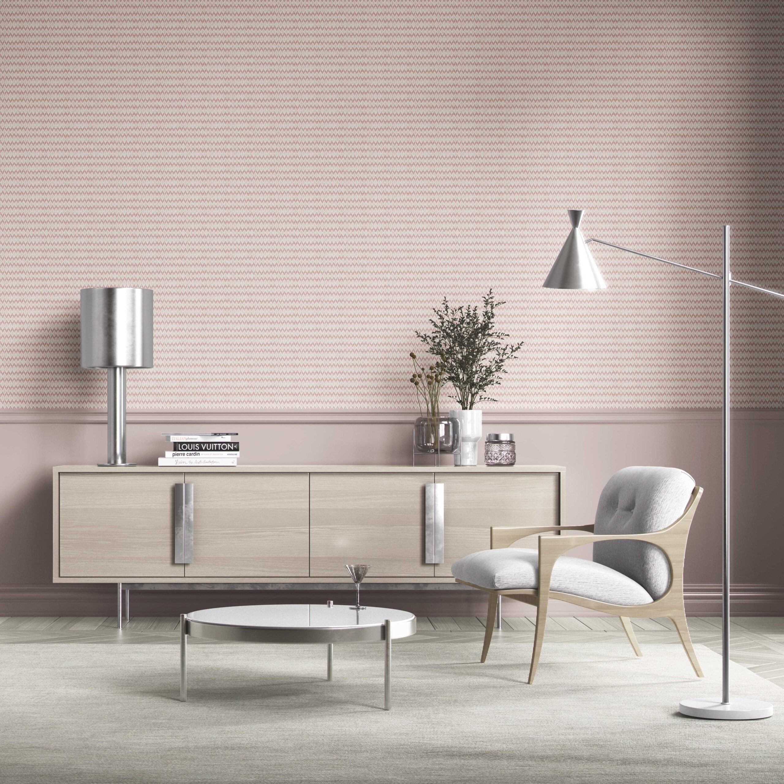 Geometric Ikat Striped Bathroom Wallpaper Sample (Pink/ White)