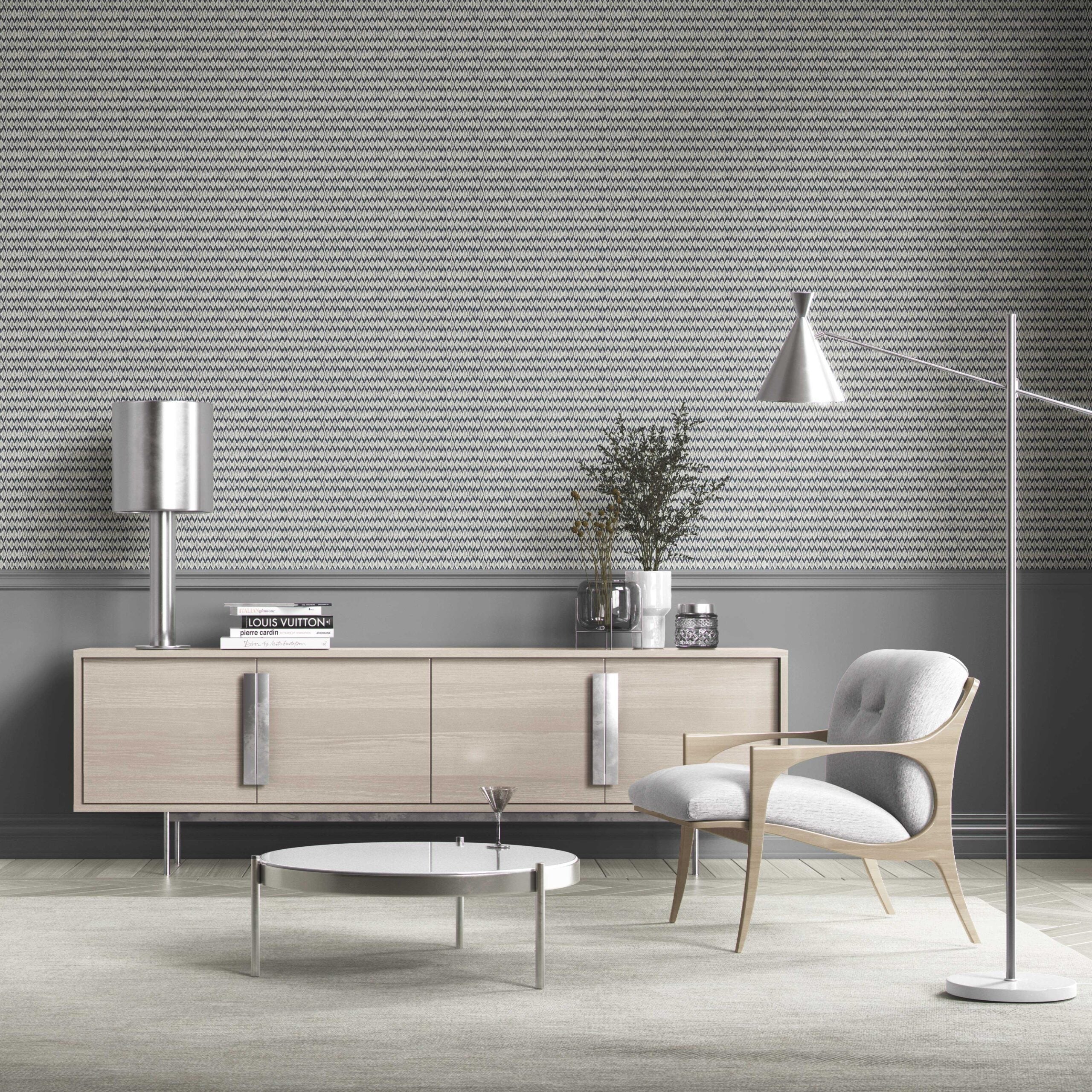 Geometric Ikat Striped Bathroom Wallpaper Sample (Navy Blue/ White)