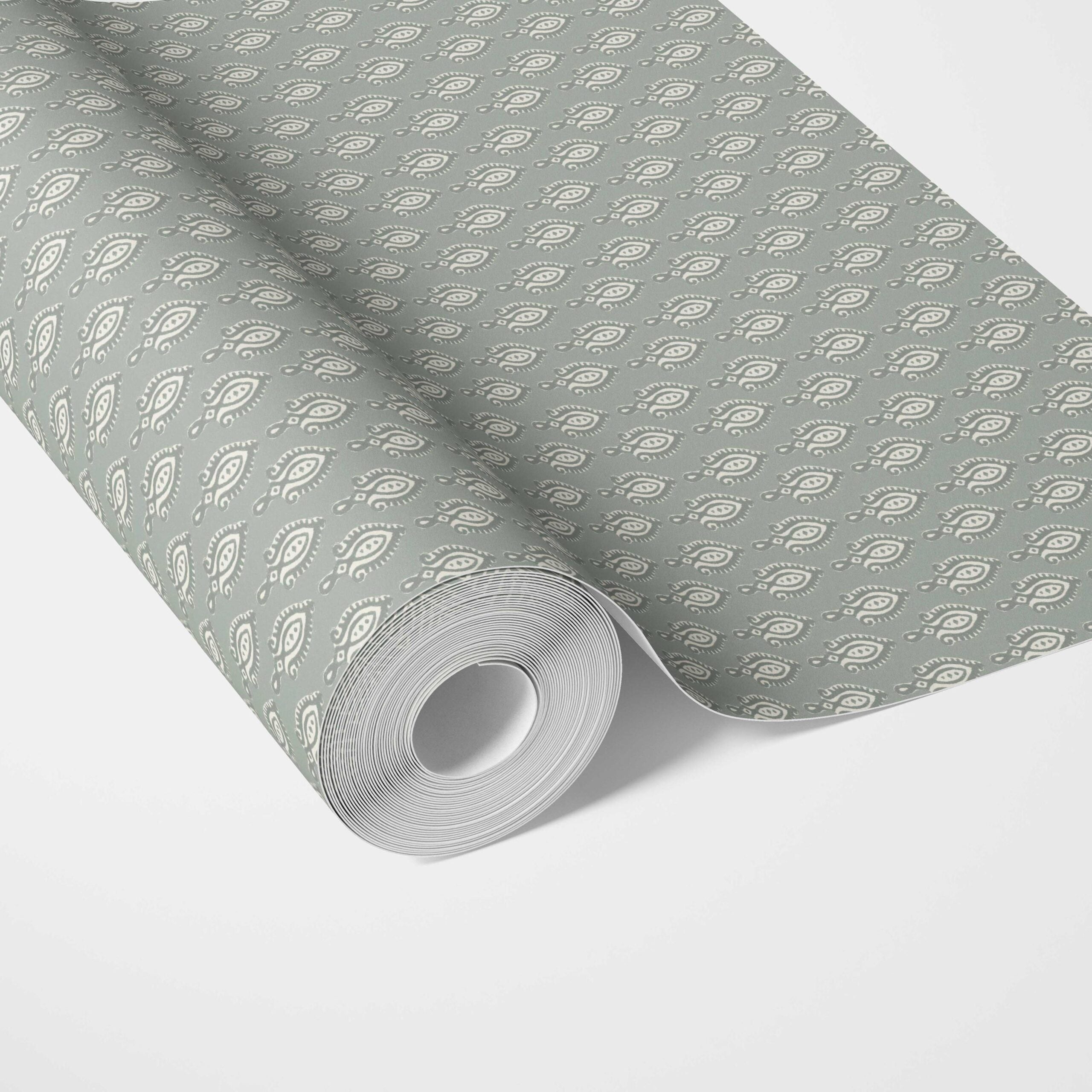 Textured Teardrop/ Paisley Block Print Traditional Wallpaper (Green-Gray/ White)