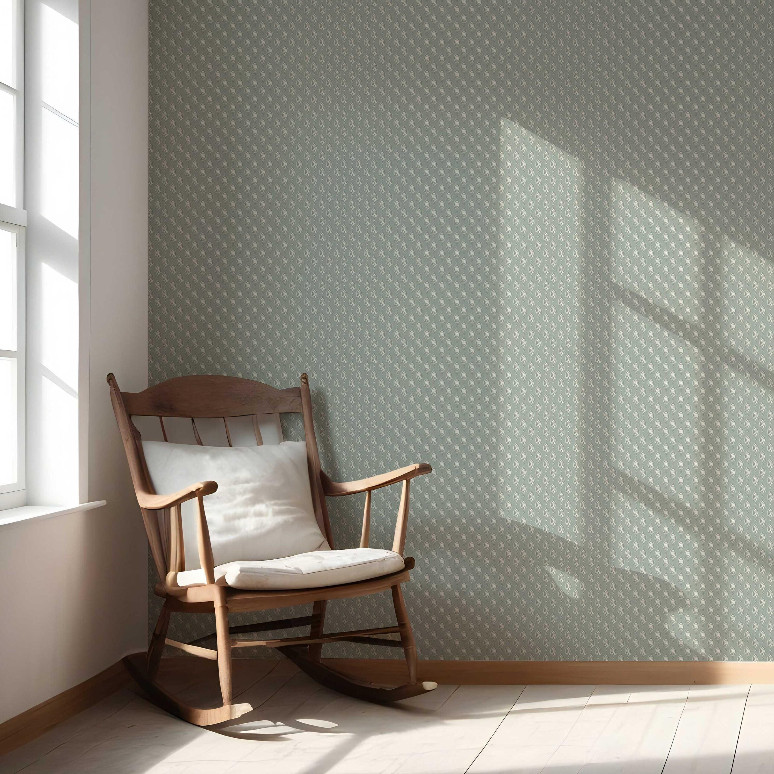Textured Teardrop/ Paisley Block Print Nursery Wallpaper (Green-Gray/ White)