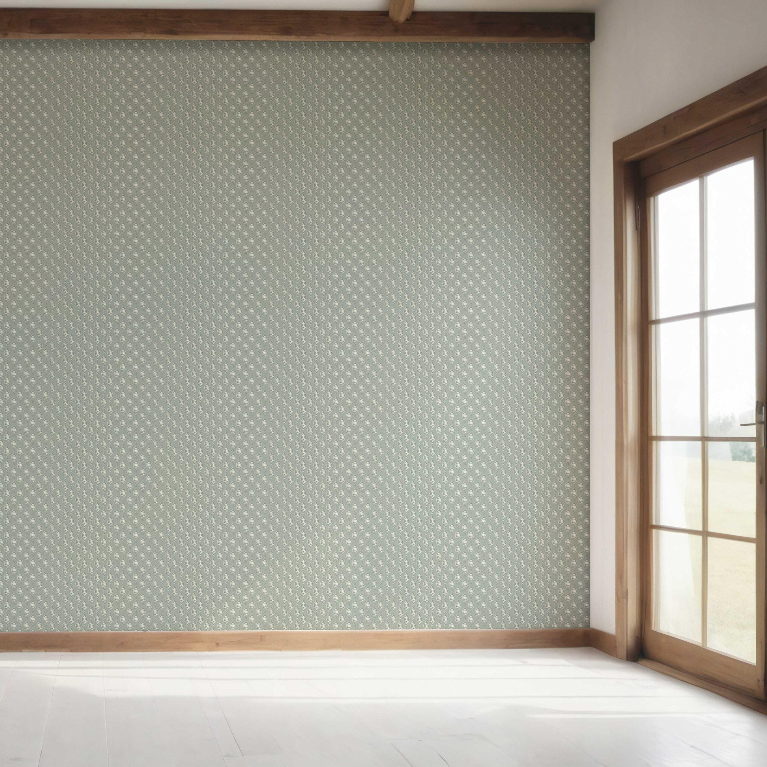 Textured Teardrop/ Paisley Block Print Bedroom Wallpaper Sample (Green-Gray/ White)