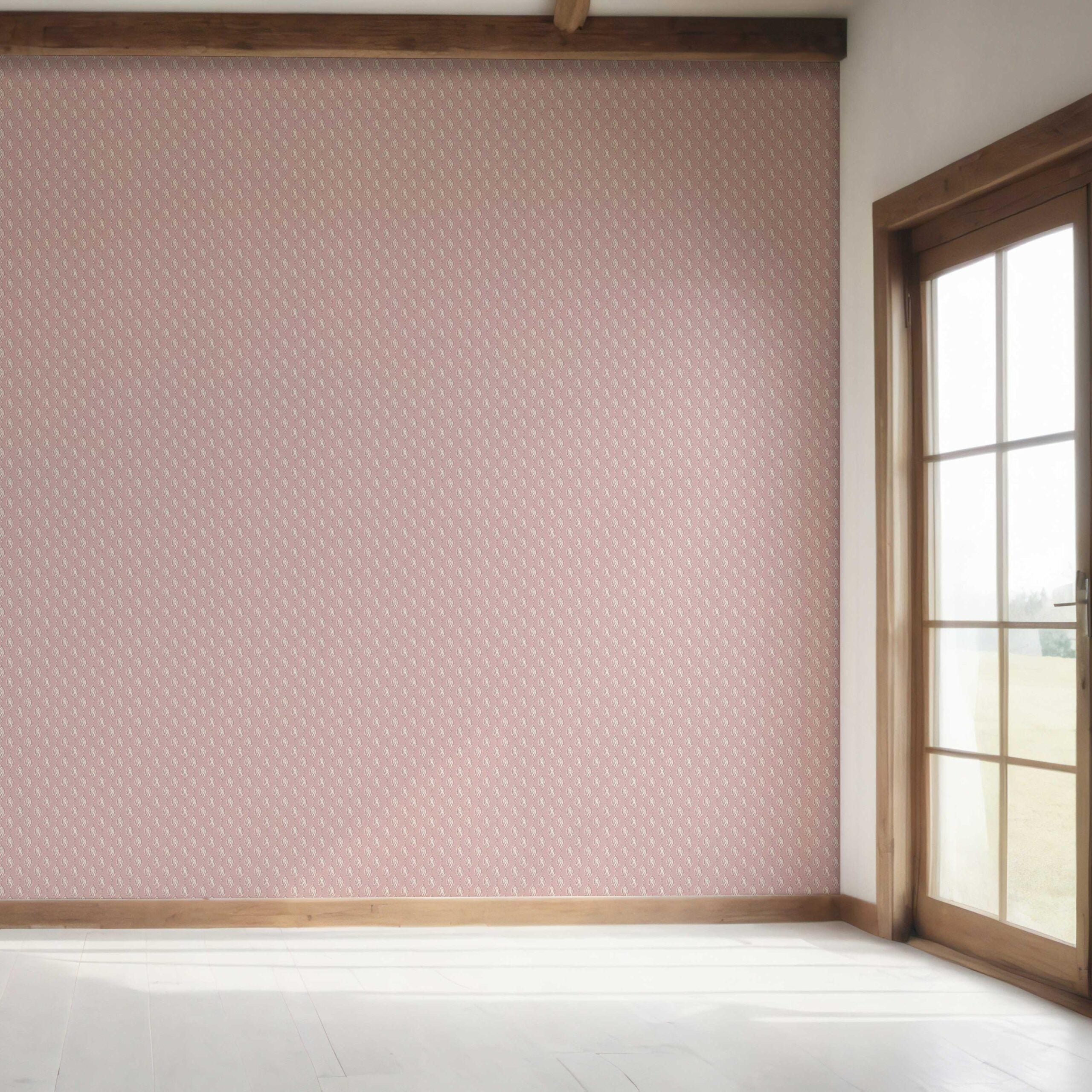 Textured Teardrop/ Paisley Block Print Bedroom Wallpaper Sample (Pink/ White)
