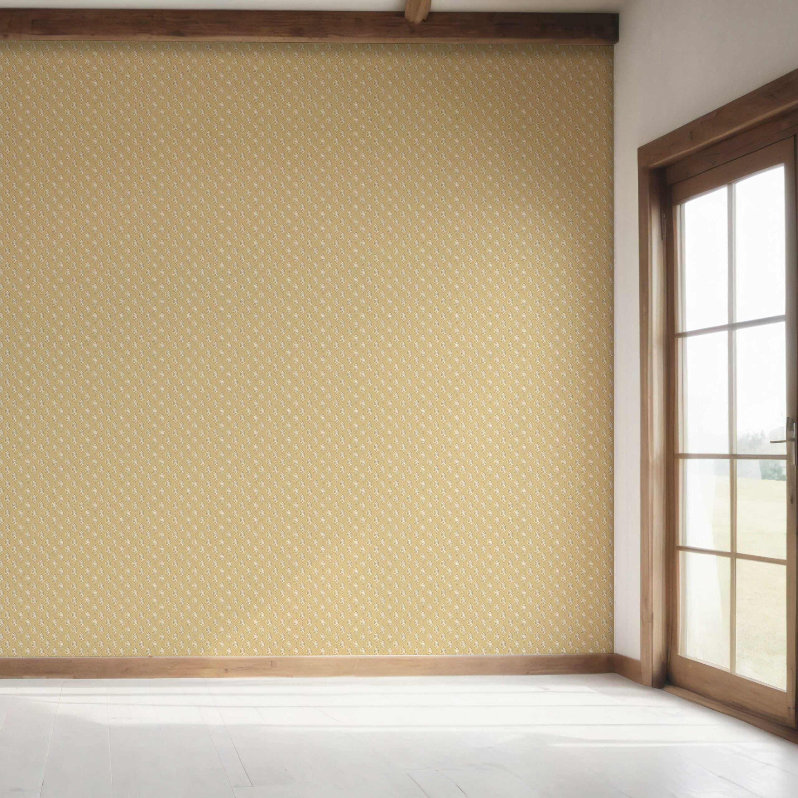 Textured Teardrop/ Paisley Block Print Bedroom Wallpaper Sample (Yellow/ White)