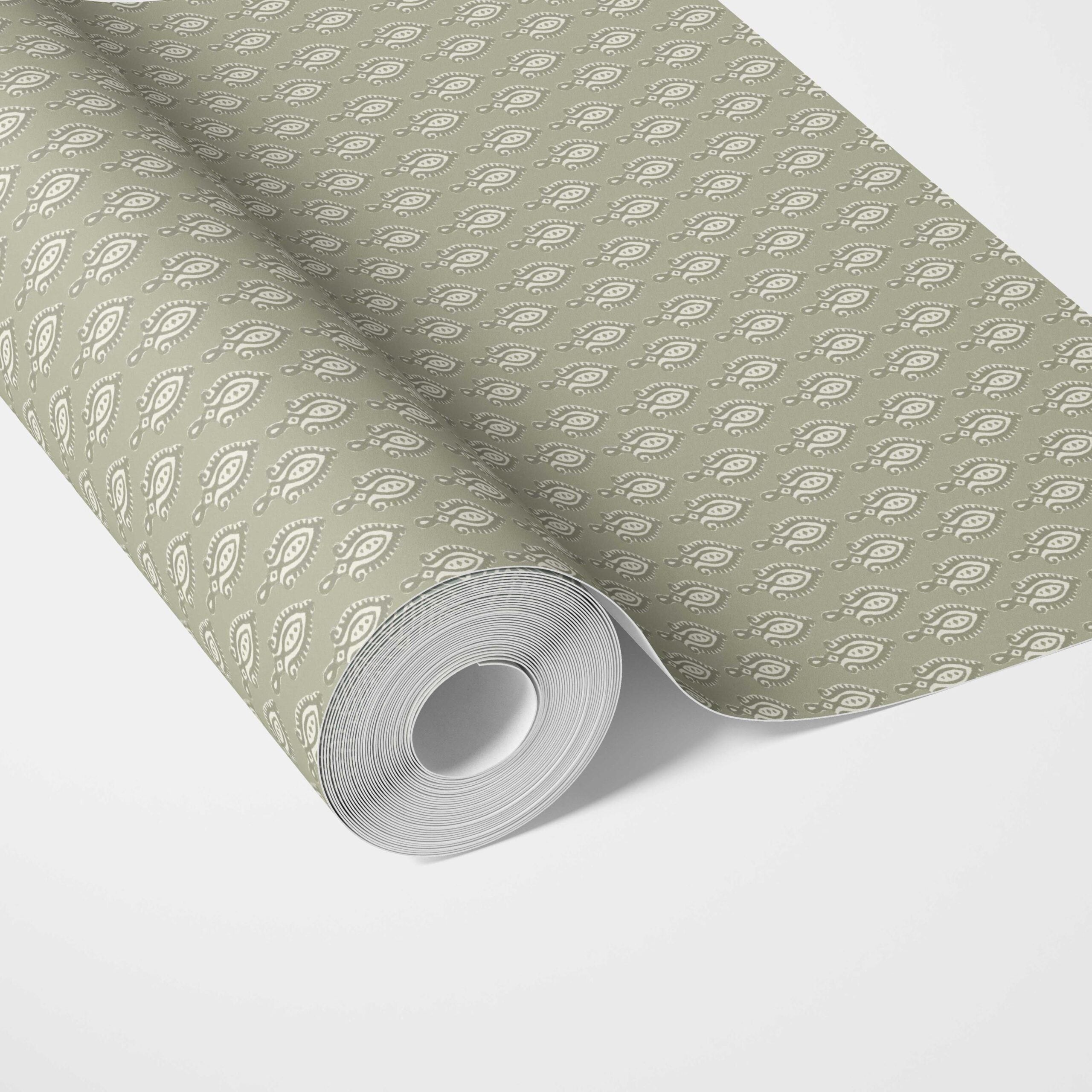 Textured Teardrop/ Paisley Block Print Traditional Wallpaper (Olive Green/ White)