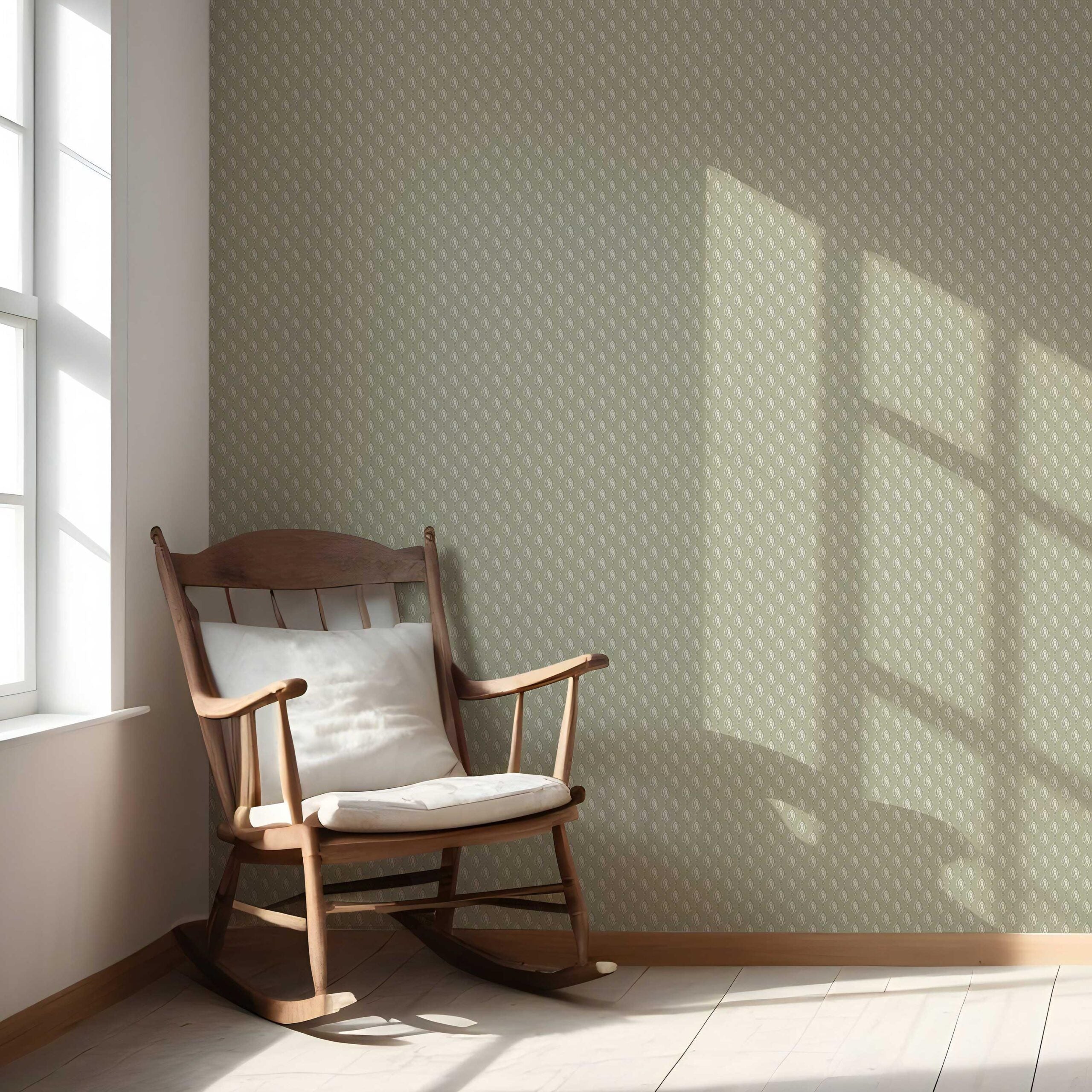 Textured Teardrop/ Paisley Block Print Nursery Wallpaper Sample (Olive Green/ White)