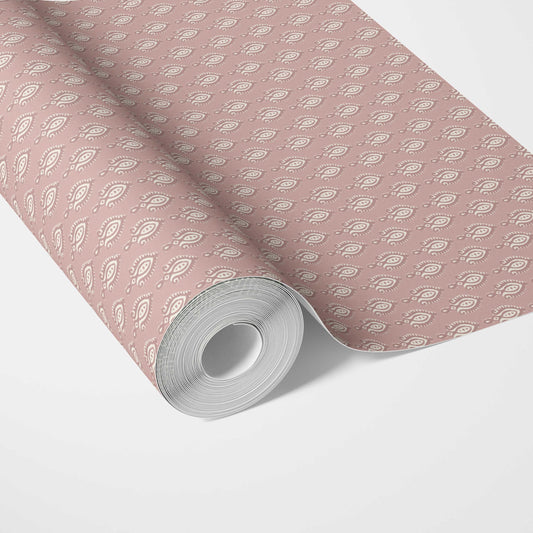Textured Teardrop/ Paisley Block Print Traditional Wallpaper (Rose Pink/ White)