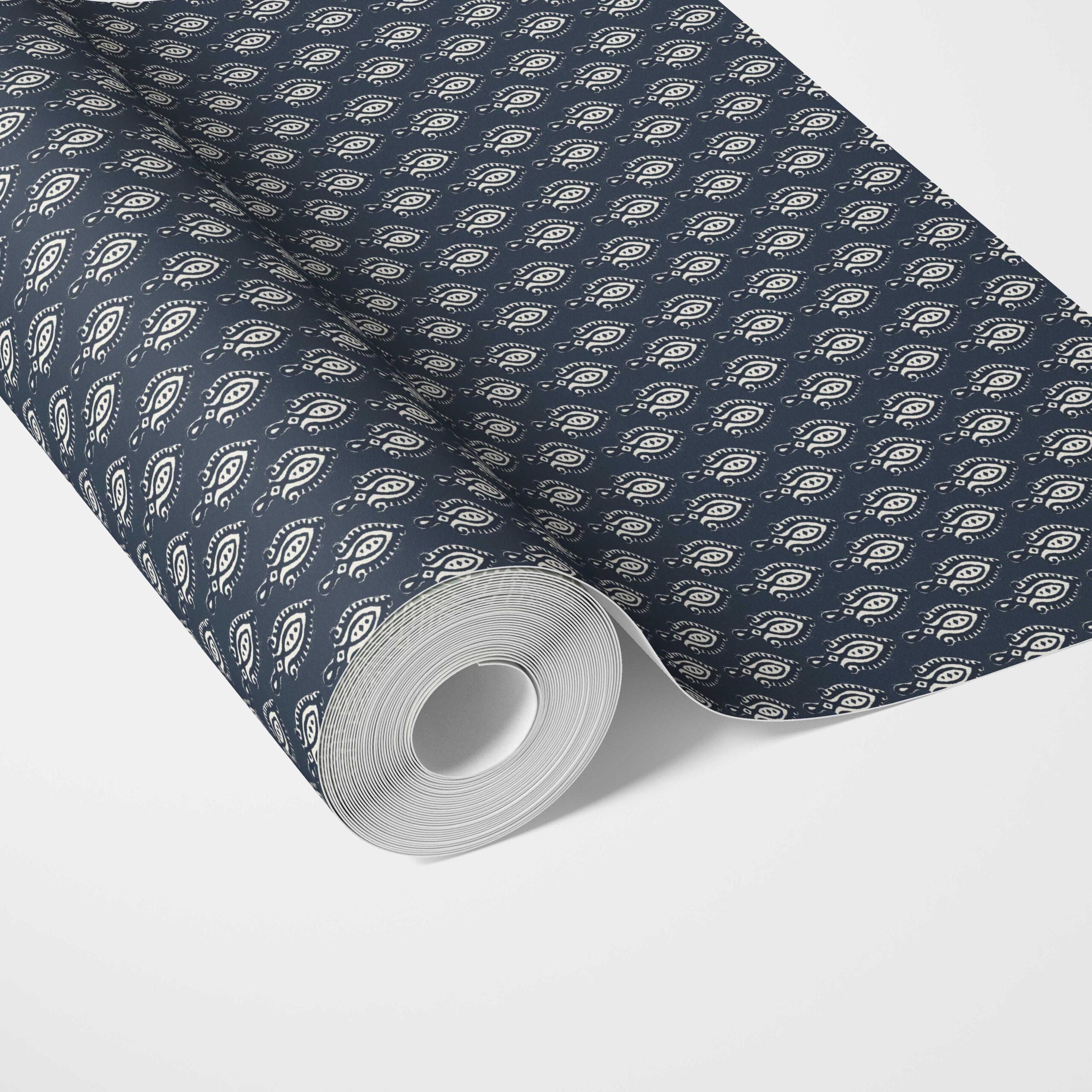 Textured Teardrop/ Paisley Block Print Traditional Wallpaper Sample (Navy Blue/ White)