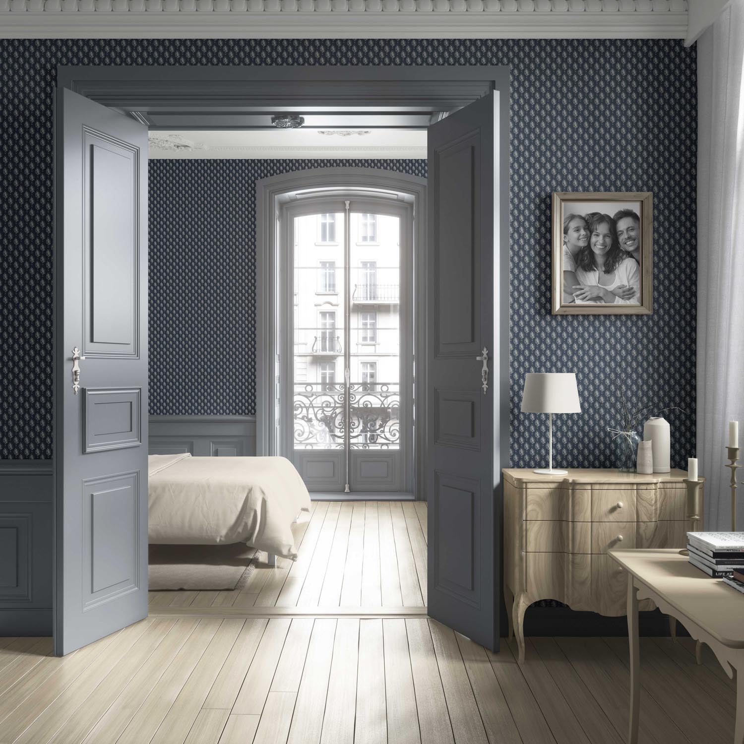 Textured Teardrop/ Paisley Block Print Living Room Wallpaper Sample (Navy Blue/ White)