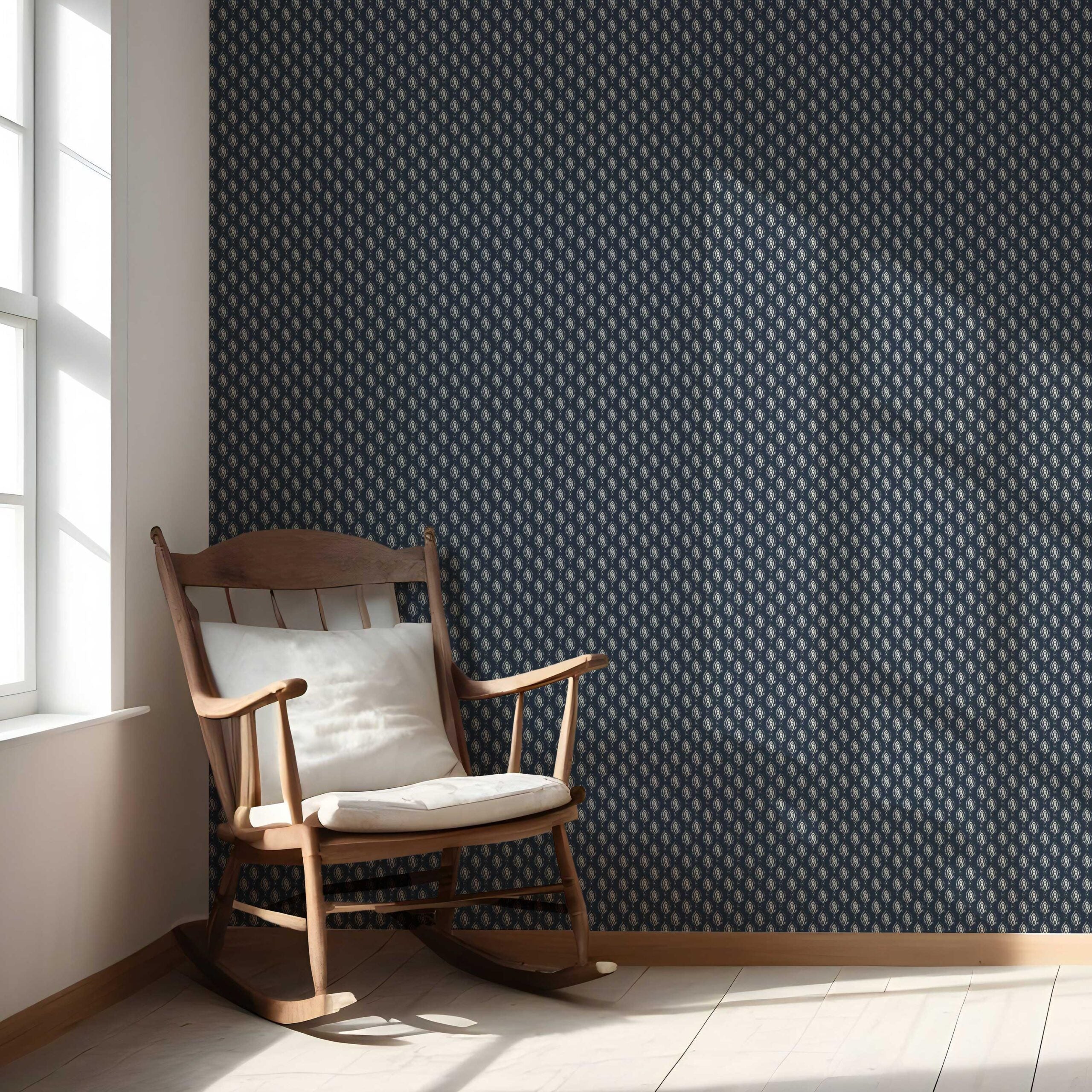 Textured Teardrop/ Paisley Block Print Nursery Wallpaper Sample (Navy Blue/ White)