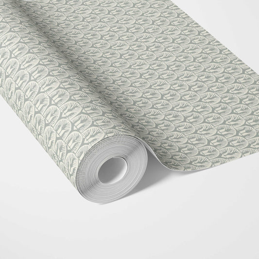 Geometric Scallops Floral Traditional Wallpaper (Green-Gray/ White)