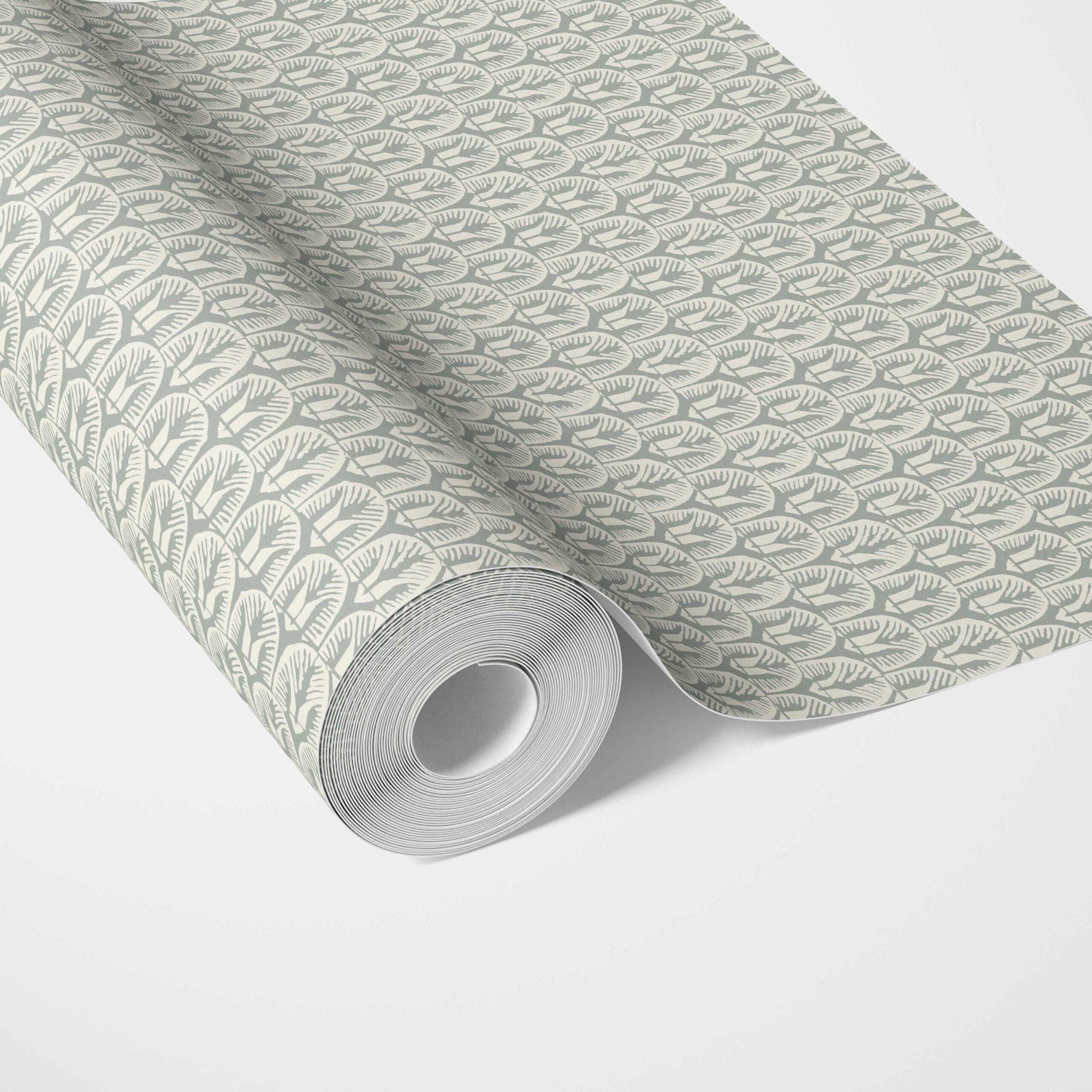 Geometric Scallops Floral Traditional Wallpaper Sample (Green-Gray/ White)