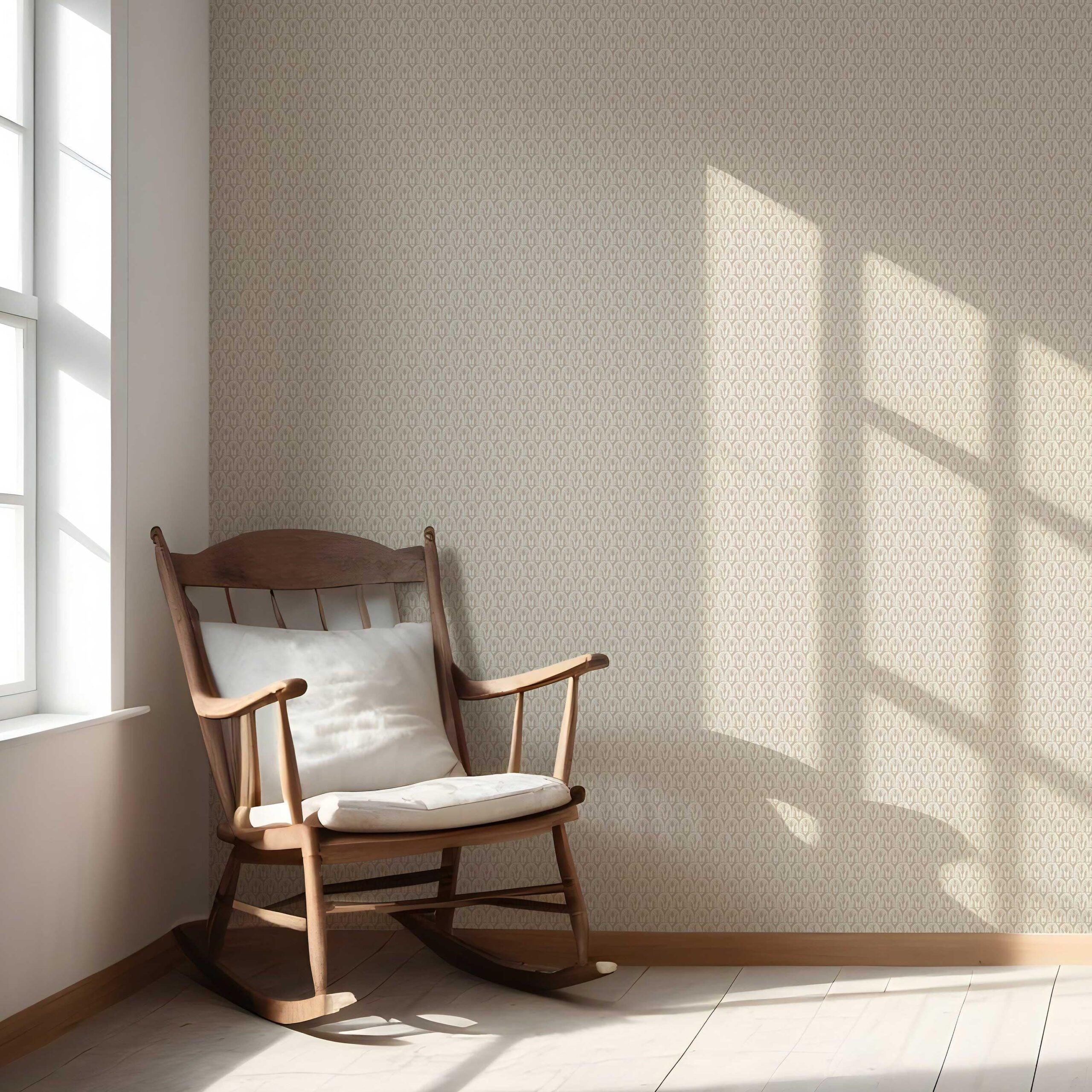 Neutral Geometric Scallops Floral Nursery Wallpaper Sample (Stone Beige/ White)