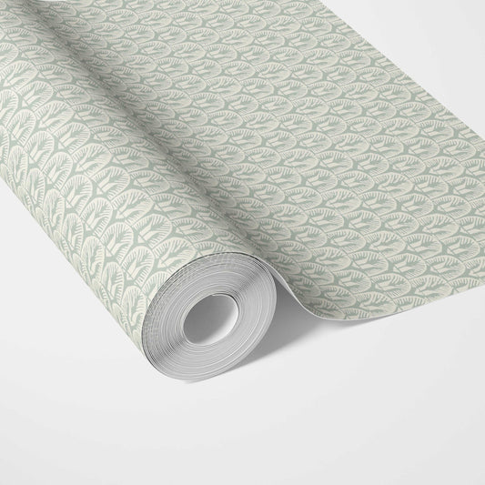 Neutral Geometric Scallops Floral Traditional Wallpaper (Green/ White)