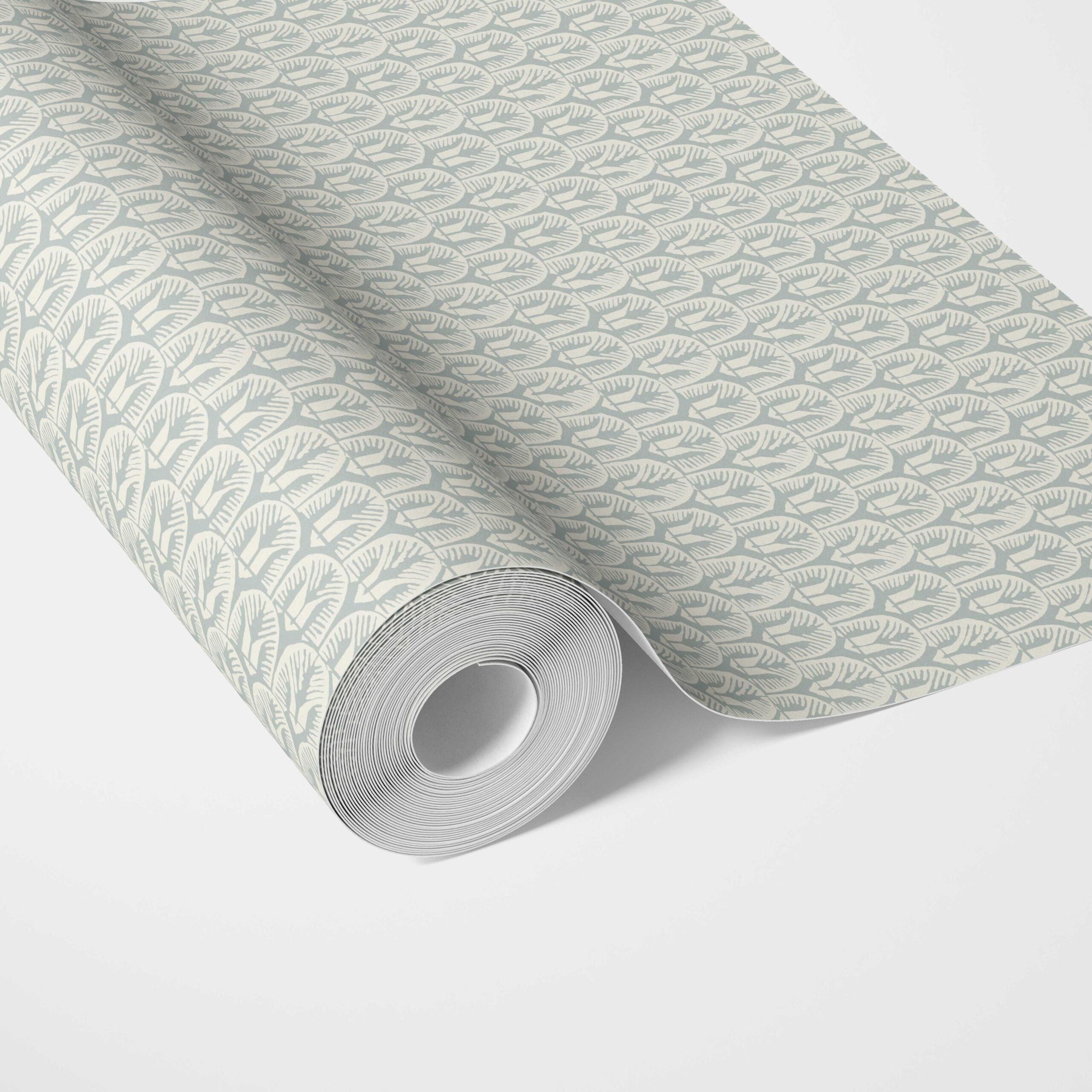 Geometric Scallops Floral Traditional Wallpaper Sample (Duck Egg Blue/ White)
