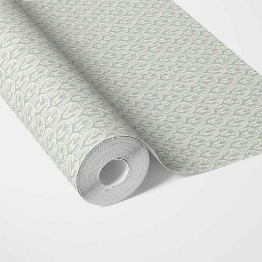 Geometric Scallops Floral Traditional Wallpaper (Duck Egg Blue/ White)