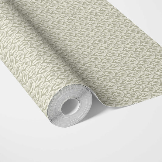Geometric Scallops Floral Traditional Wallpaper (Olive Green/ White)