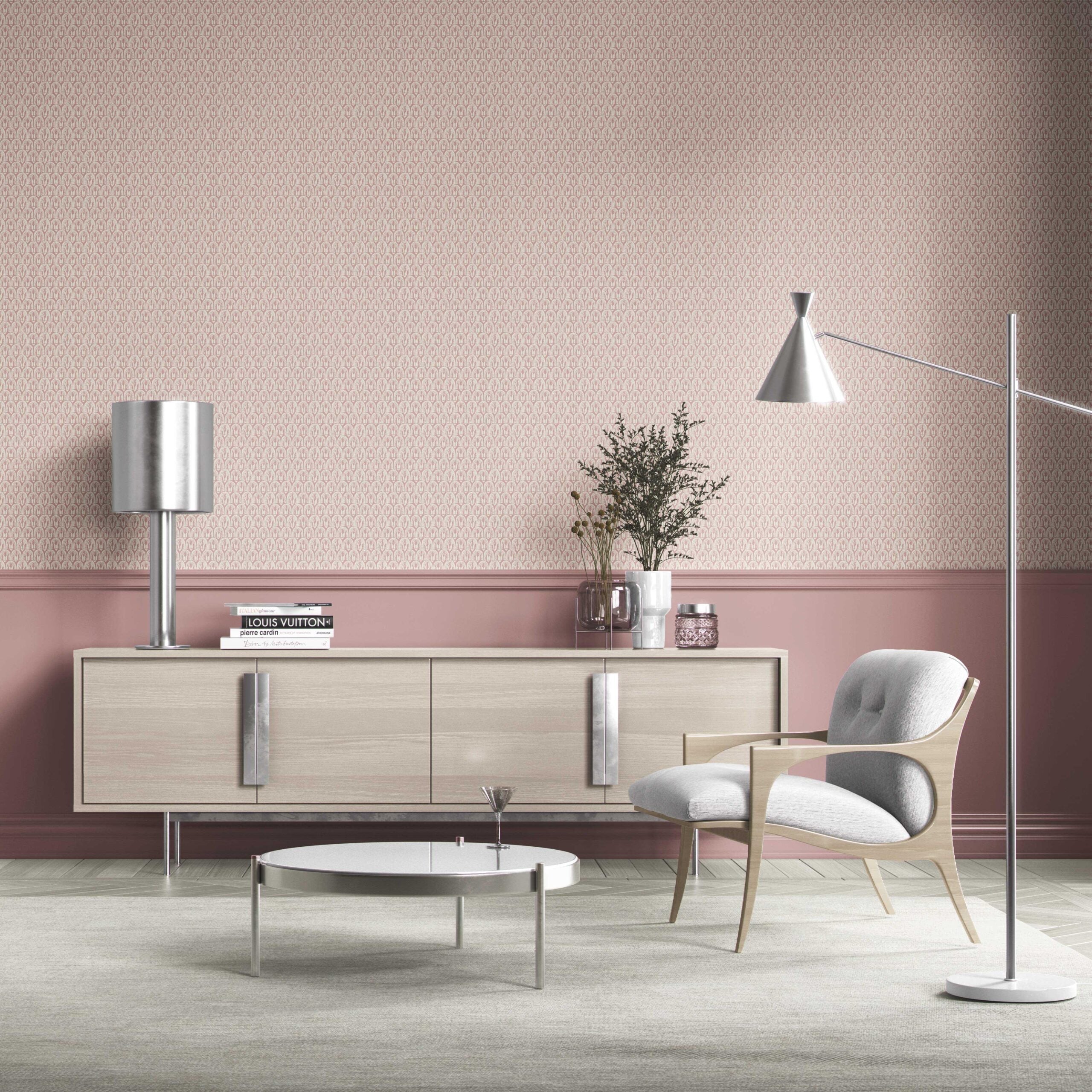 Geometric Scallops Floral Kitchen Wallpaper (Pink/ White)