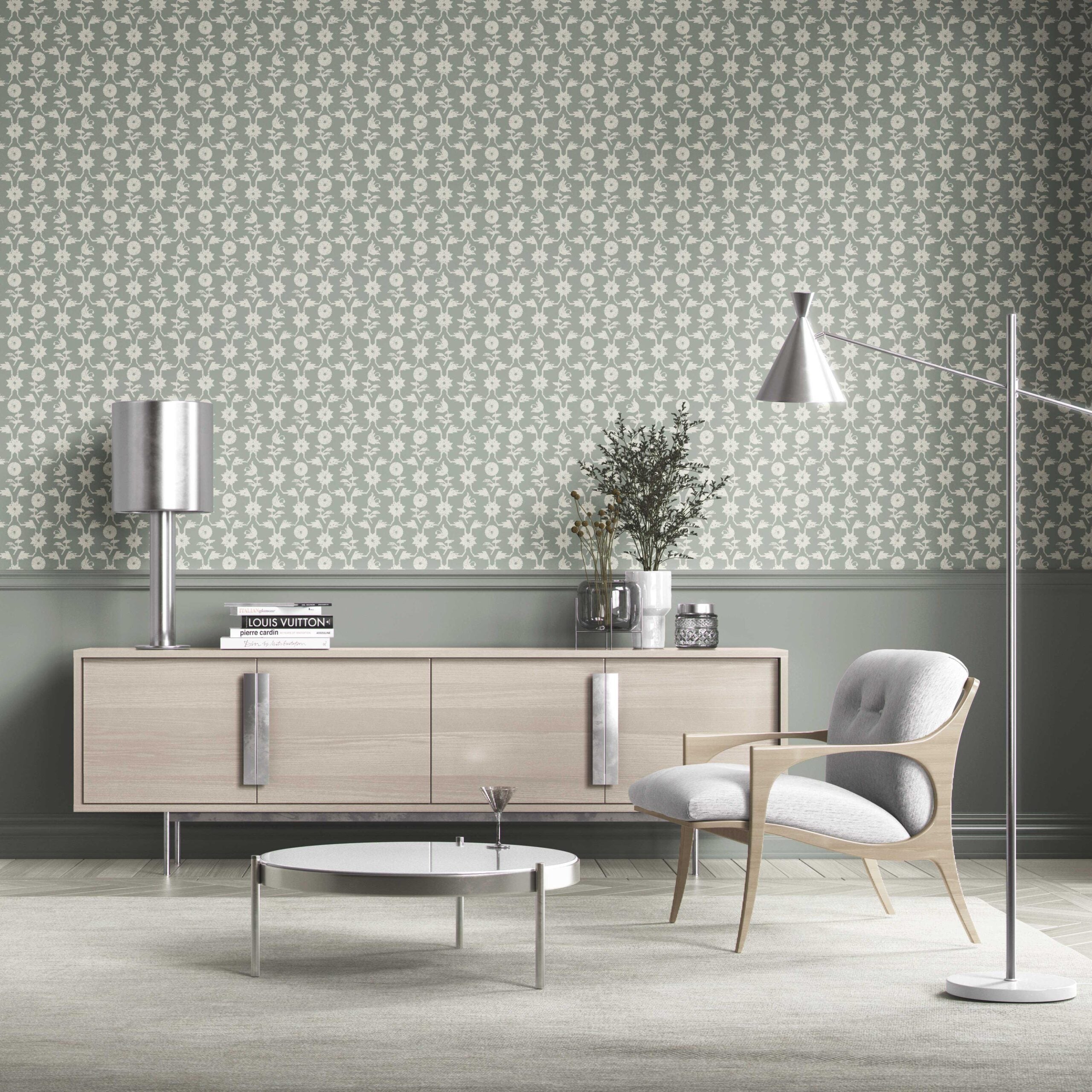 Modern Floral/ Botanical Kitchen Wallpaper (Green-Gray/ White)