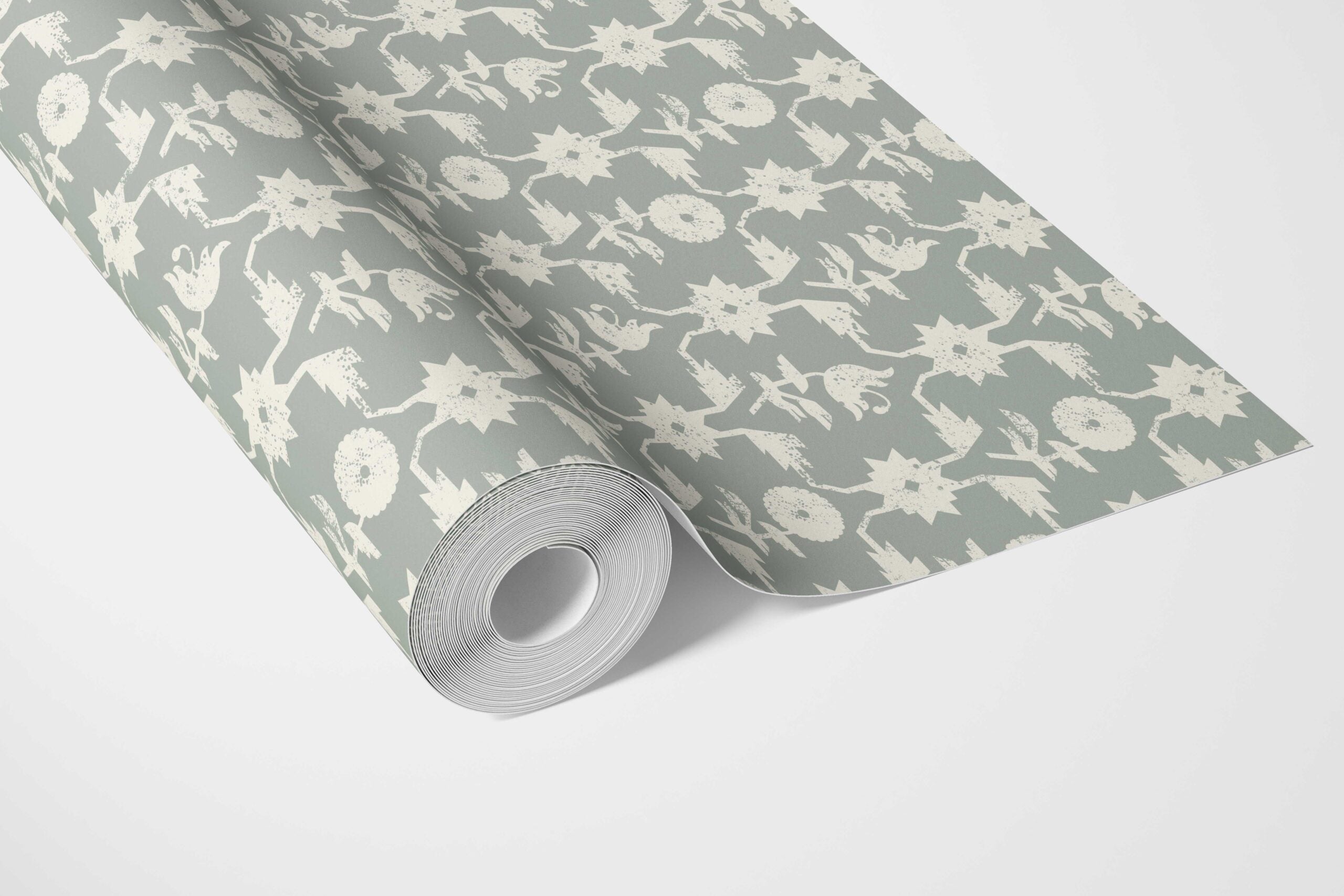 Modern Floral/ Botanical Bathroom Wallpaper Sample (Green-Gray/ White)